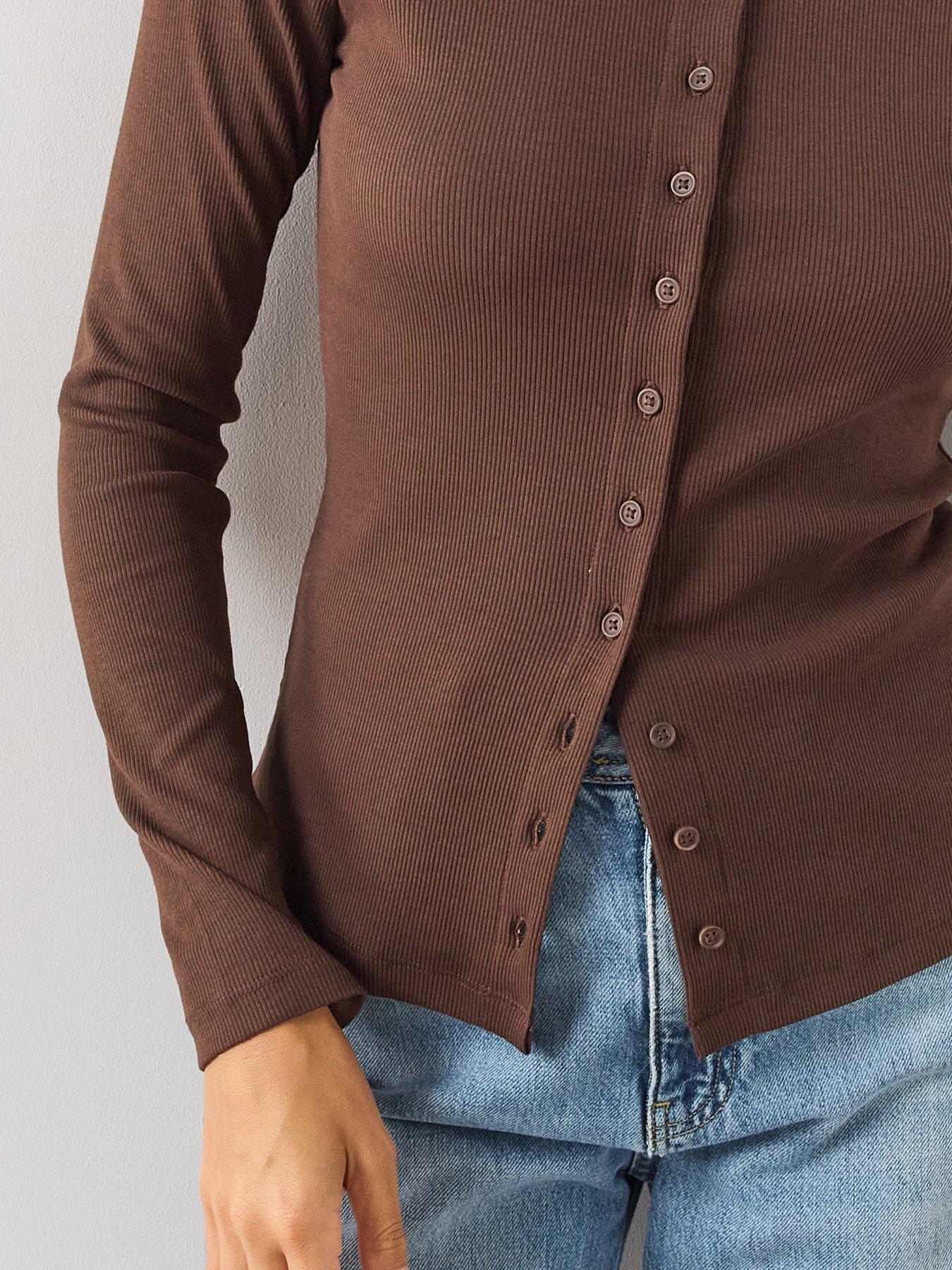 Image 4 of 6 of The Very Collection Rib Button Through Long Sleeve Jersey Top - Brown