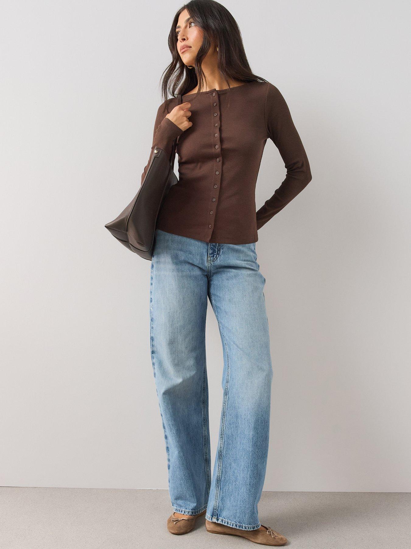 Image 5 of 6 of The Very Collection Rib Button Through Long Sleeve Jersey Top - Brown