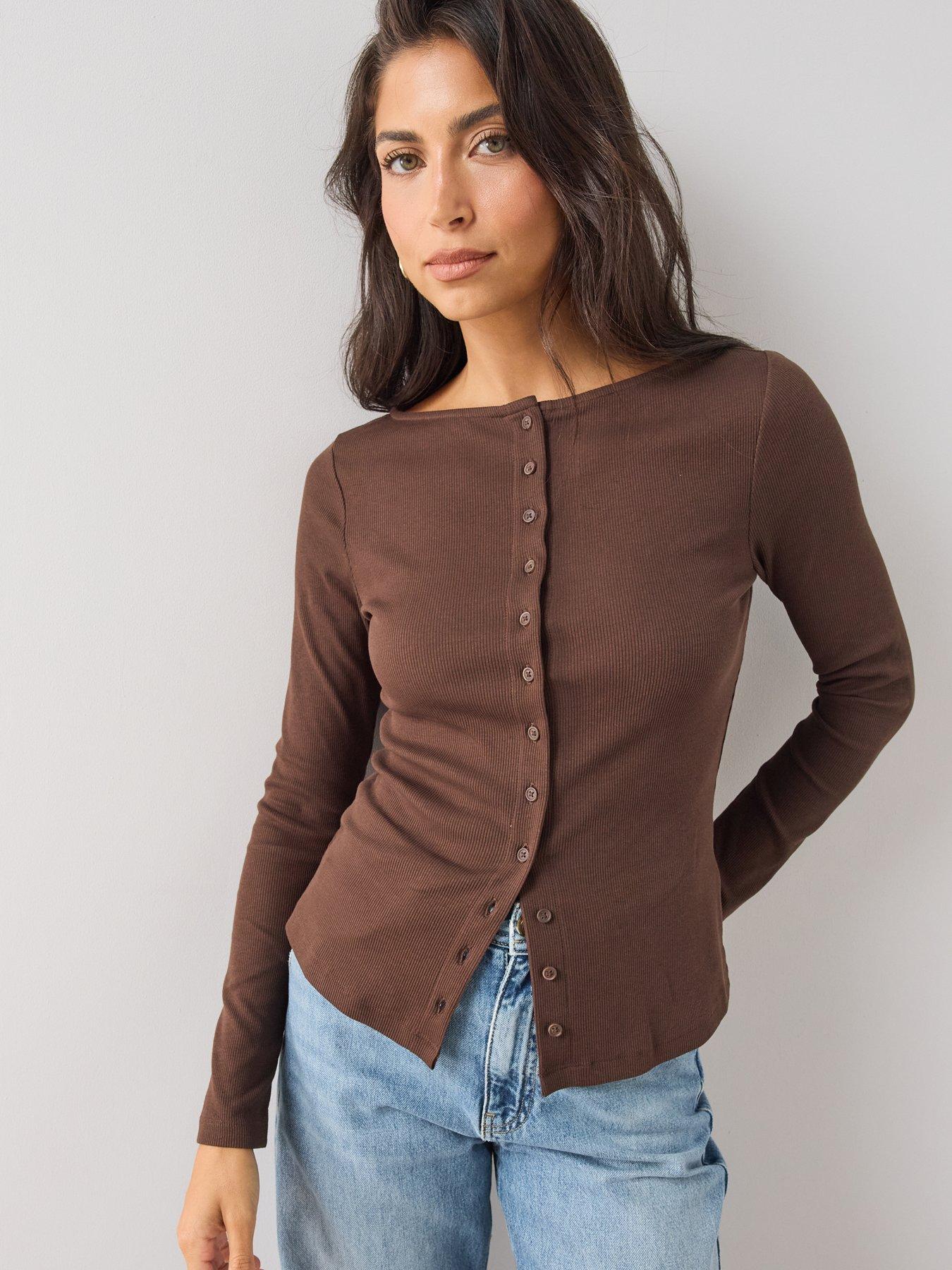 Image 6 of 6 of The Very Collection Rib Button Through Long Sleeve Jersey Top - Brown