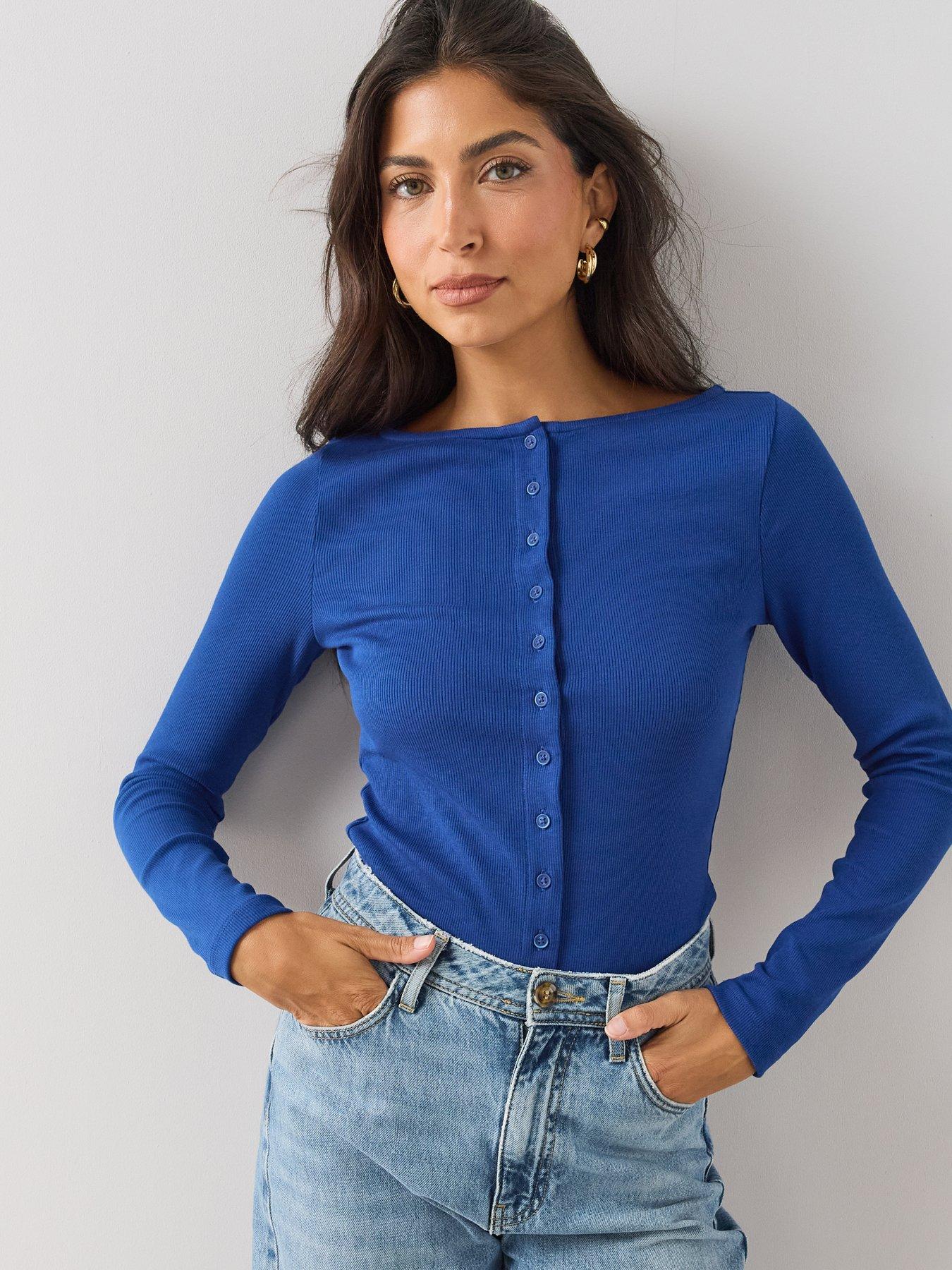 The Very Collection Rib Button Through Long Sleeve Jersey Top - Blue