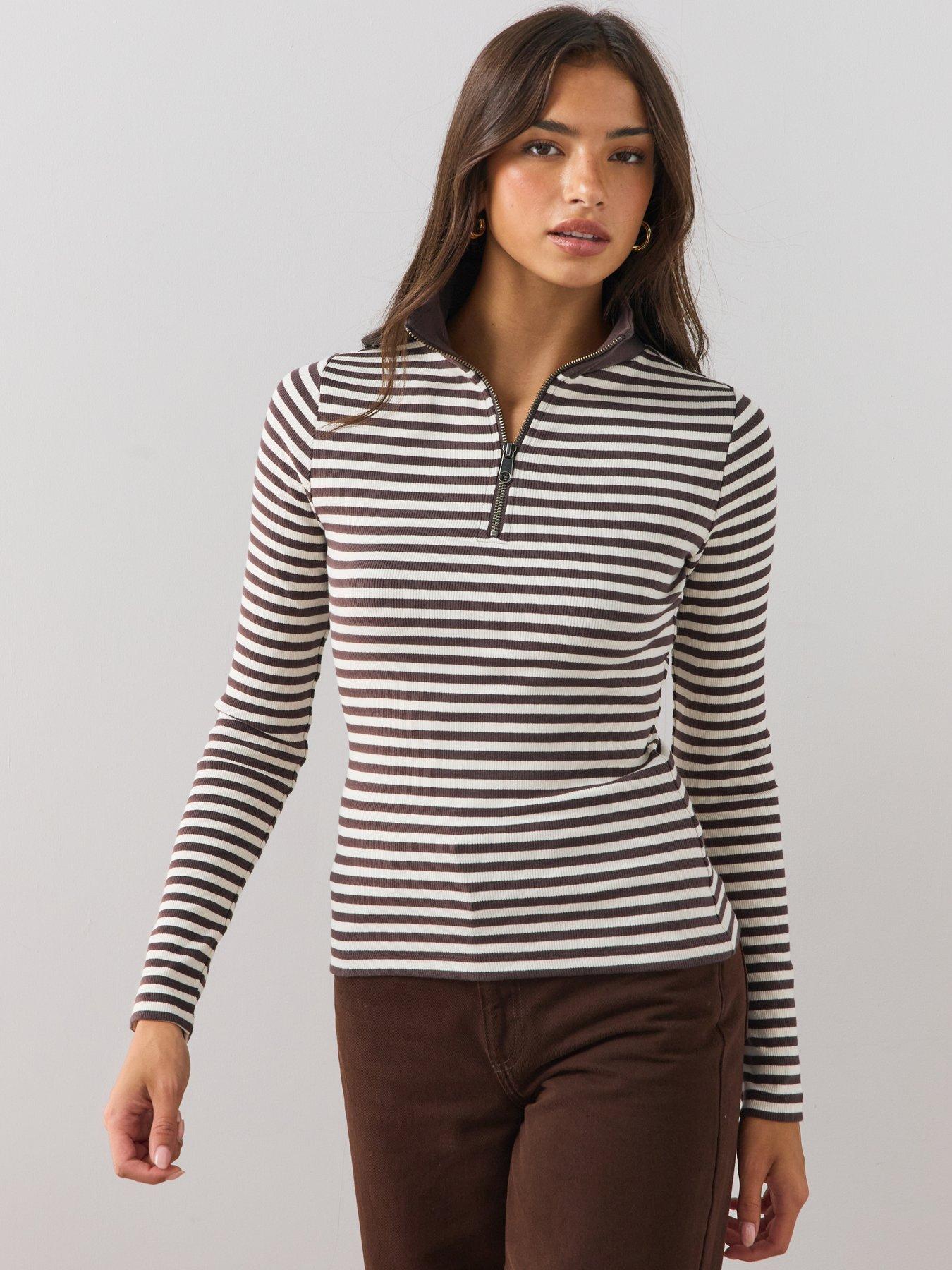 Image 1 of 6 of The Very Collection Stripe Quarter Zip Stripe Top