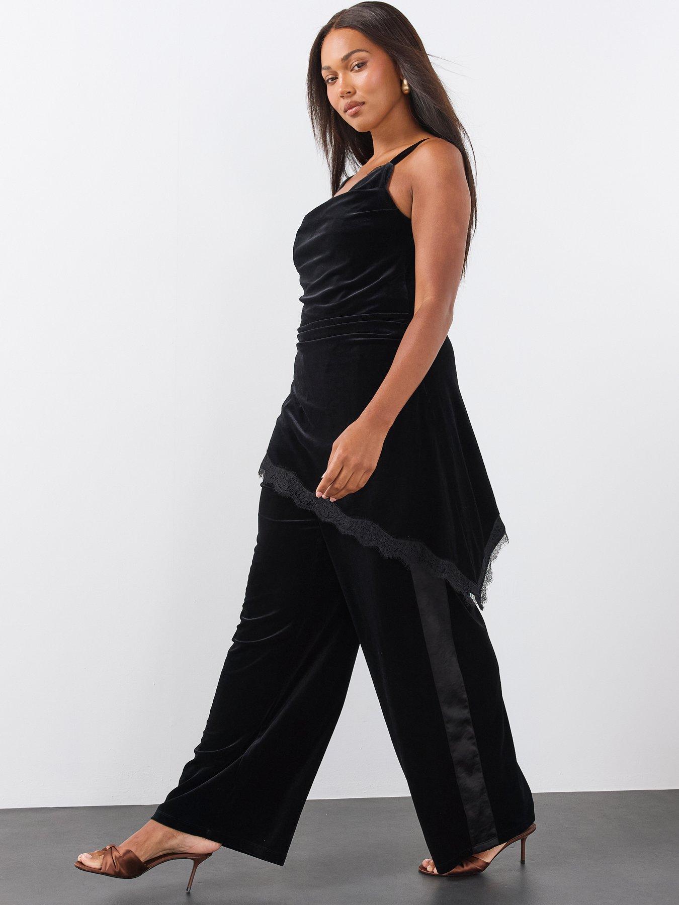 Image 1 of 6 of The Very Collection Womens Curve Satin Stripe Velvet Wide Leg Trousers - Black