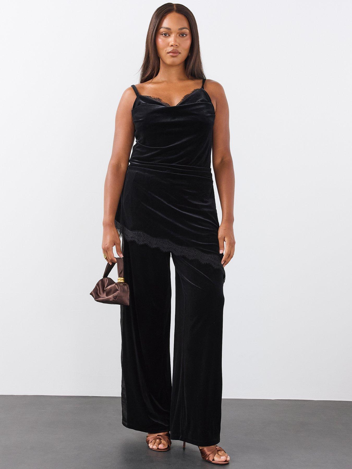Image 6 of 6 of The Very Collection Womens Curve Satin Stripe Velvet Wide Leg Trousers - Black