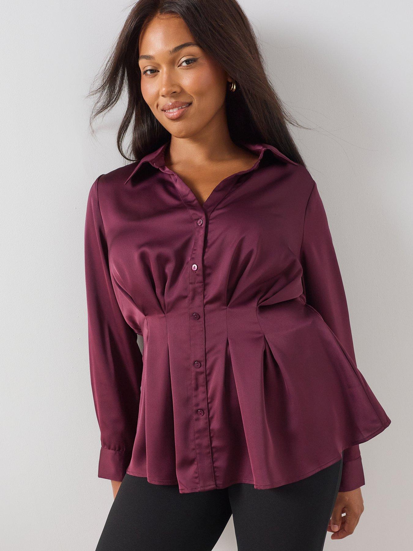 The Very Collection Curve Seam Detail Longline Satin Shirt - Burgundy