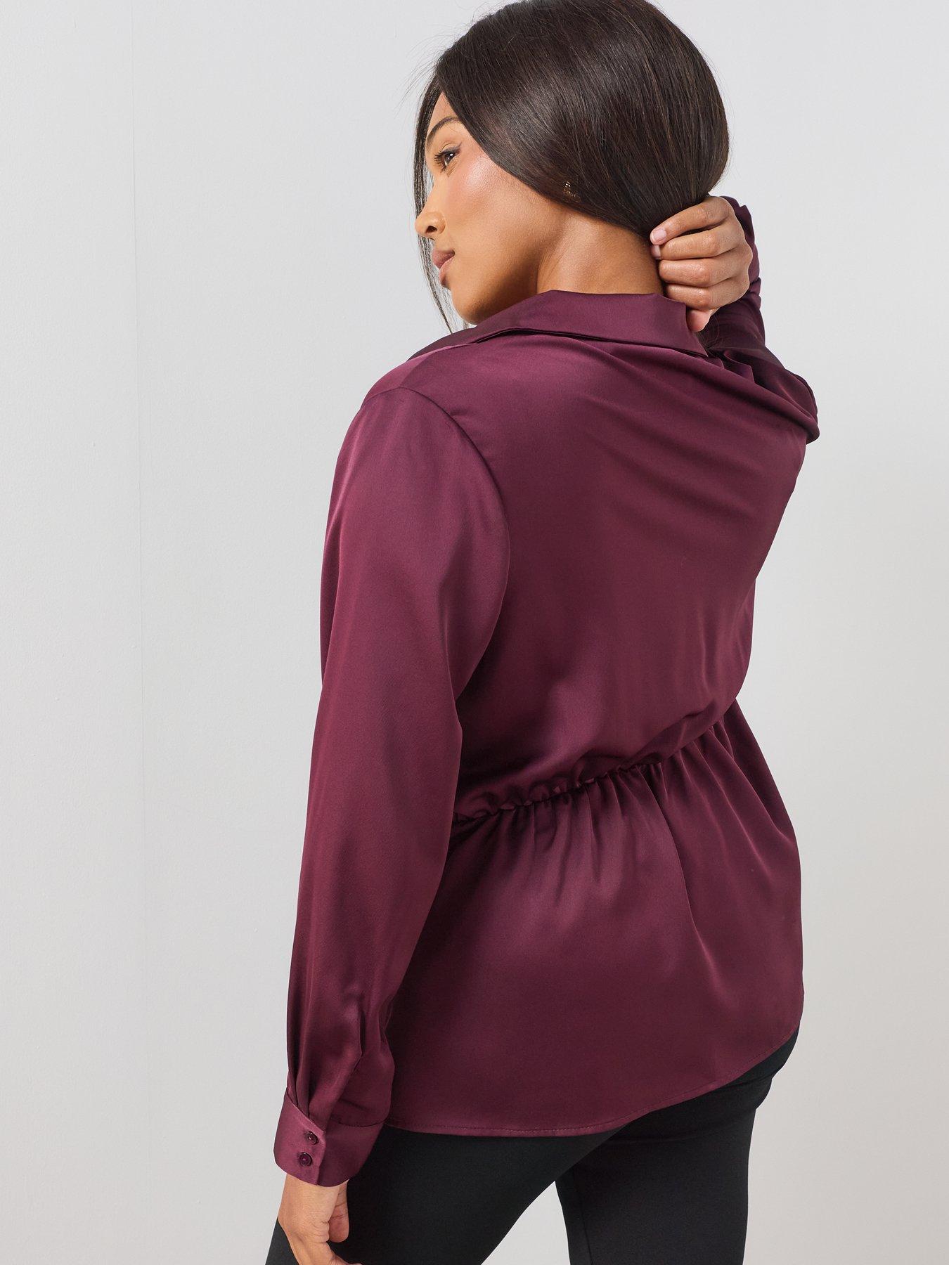 Image 2 of 6 of The Very Collection Curve Seam Detail Longline Satin Shirt - Burgundy