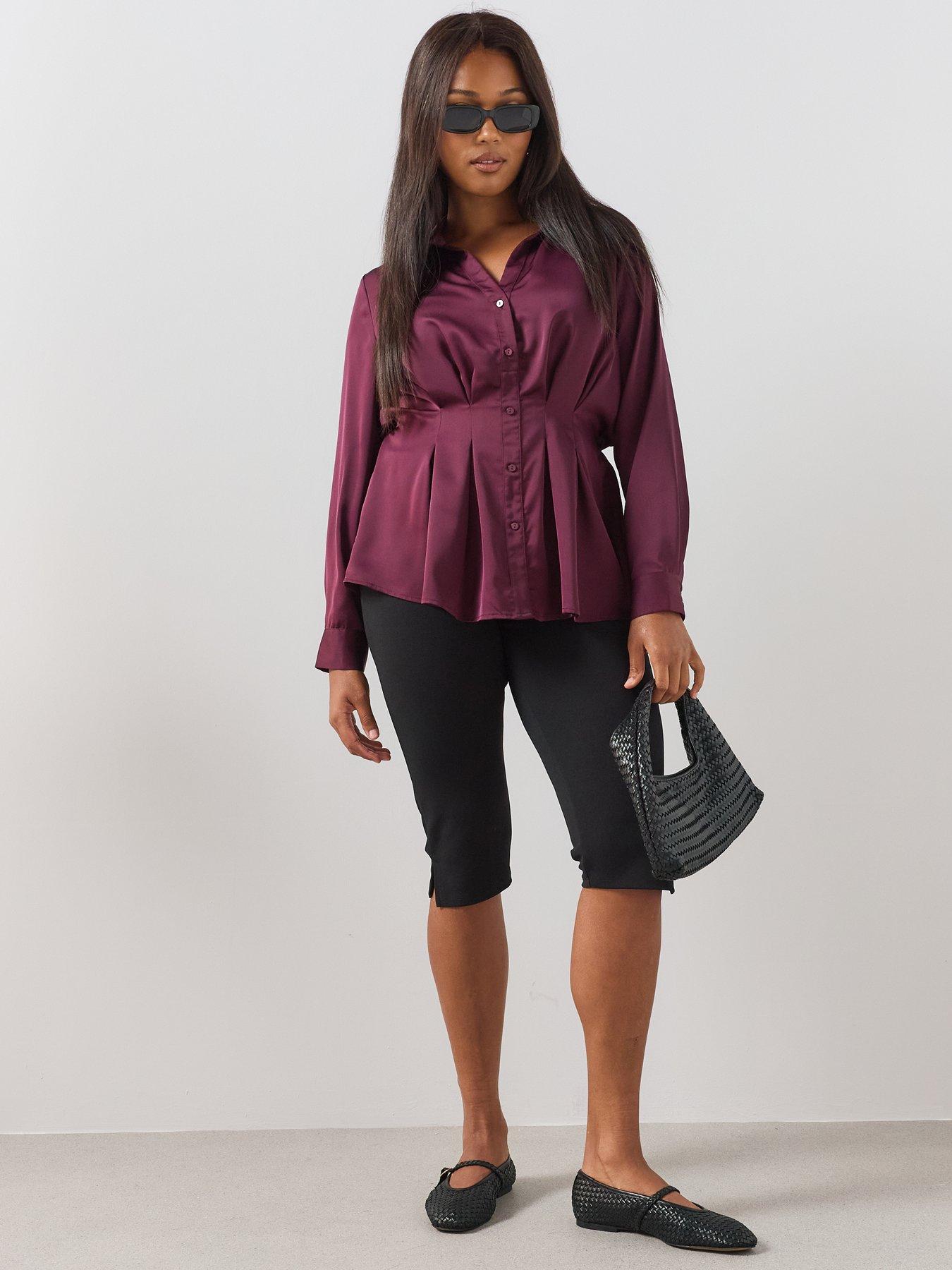 Image 3 of 6 of The Very Collection Curve Seam Detail Longline Satin Shirt - Burgundy