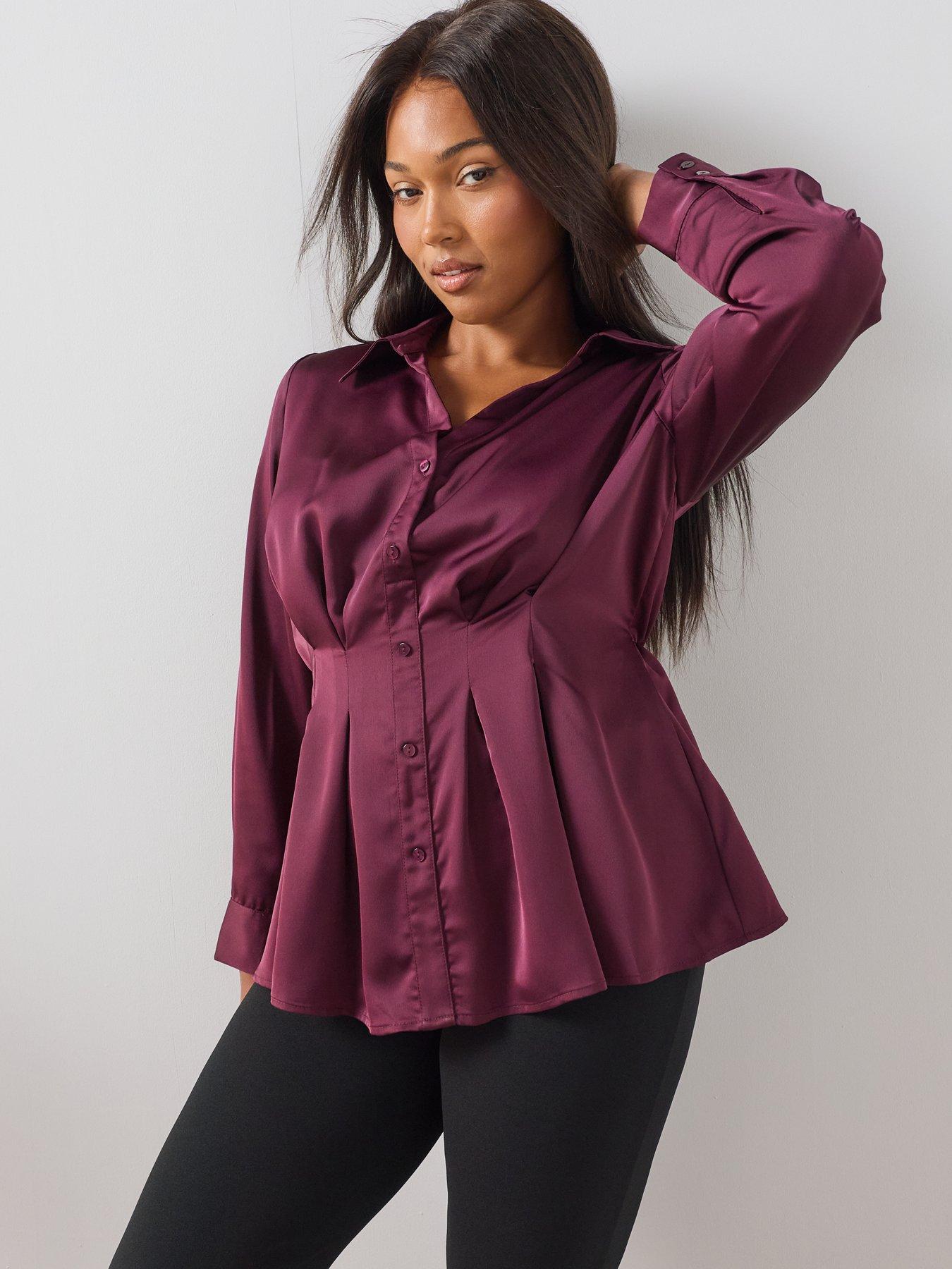 Image 4 of 6 of The Very Collection Curve Seam Detail Longline Satin Shirt - Burgundy