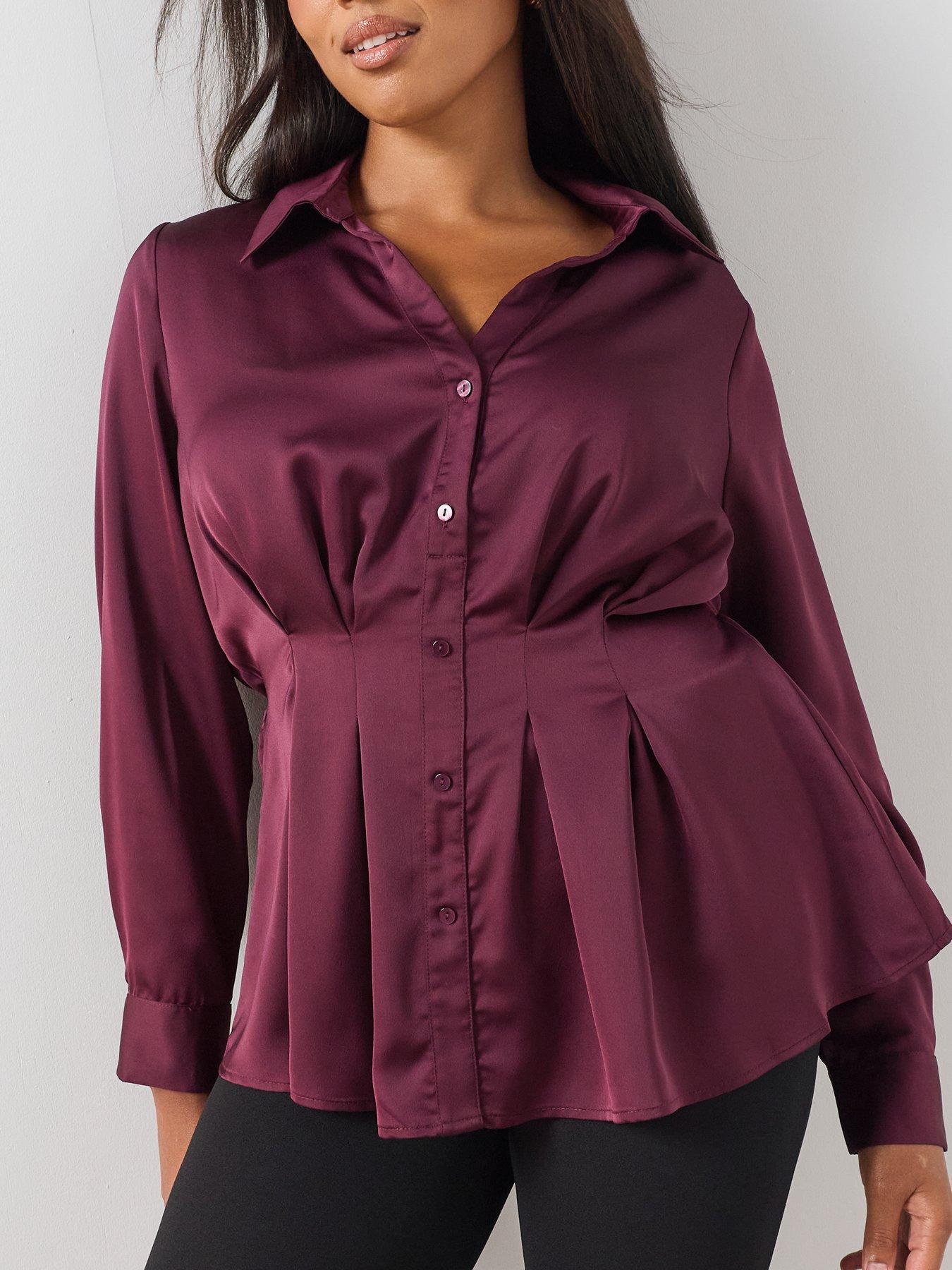 Image 5 of 6 of The Very Collection Curve Seam Detail Longline Satin Shirt - Burgundy