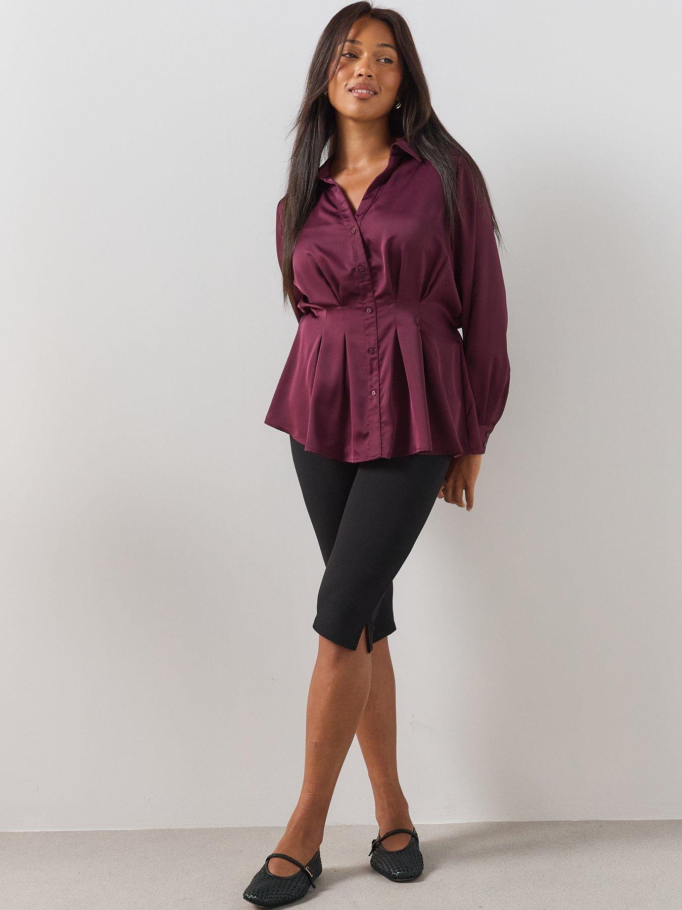 Image 6 of 6 of The Very Collection Curve Seam Detail Longline Satin Shirt - Burgundy