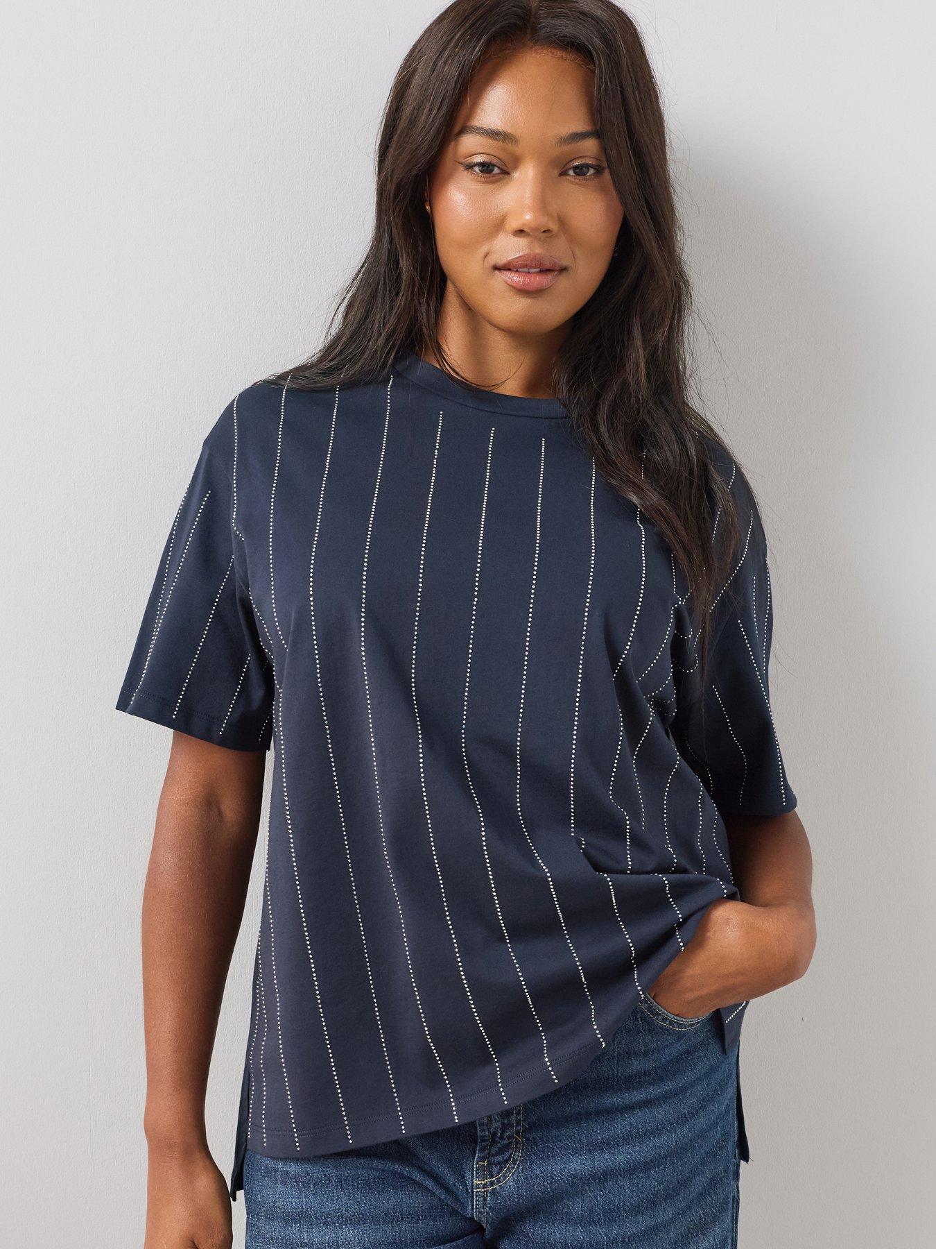 Image 1 of 6 of The Very Collection Curve Diamante Stripe T-Shirt - Navy