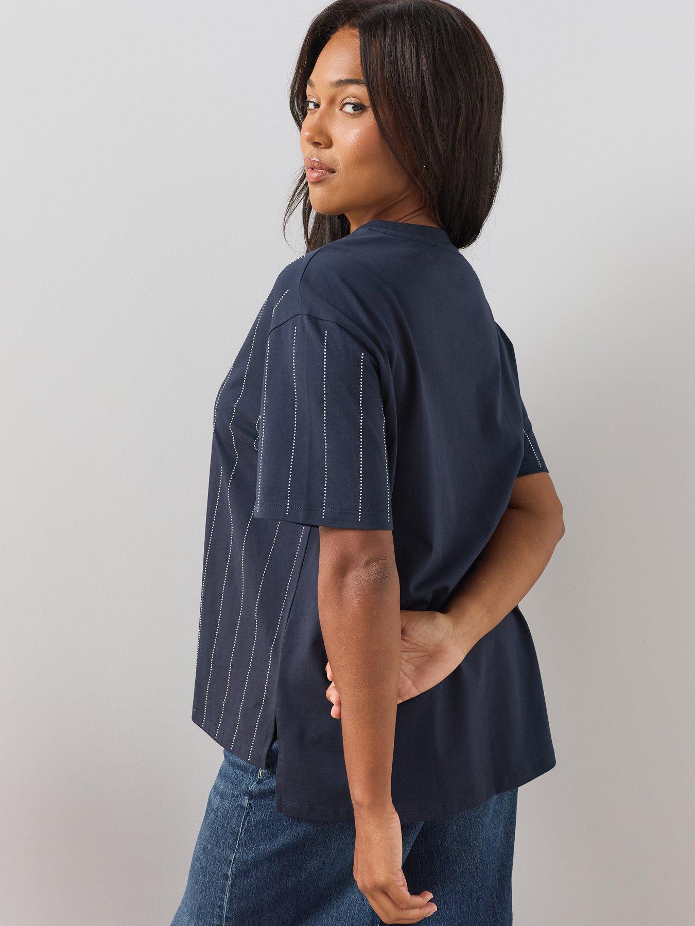 Image 2 of 6 of The Very Collection Curve Diamante Stripe T-Shirt - Navy