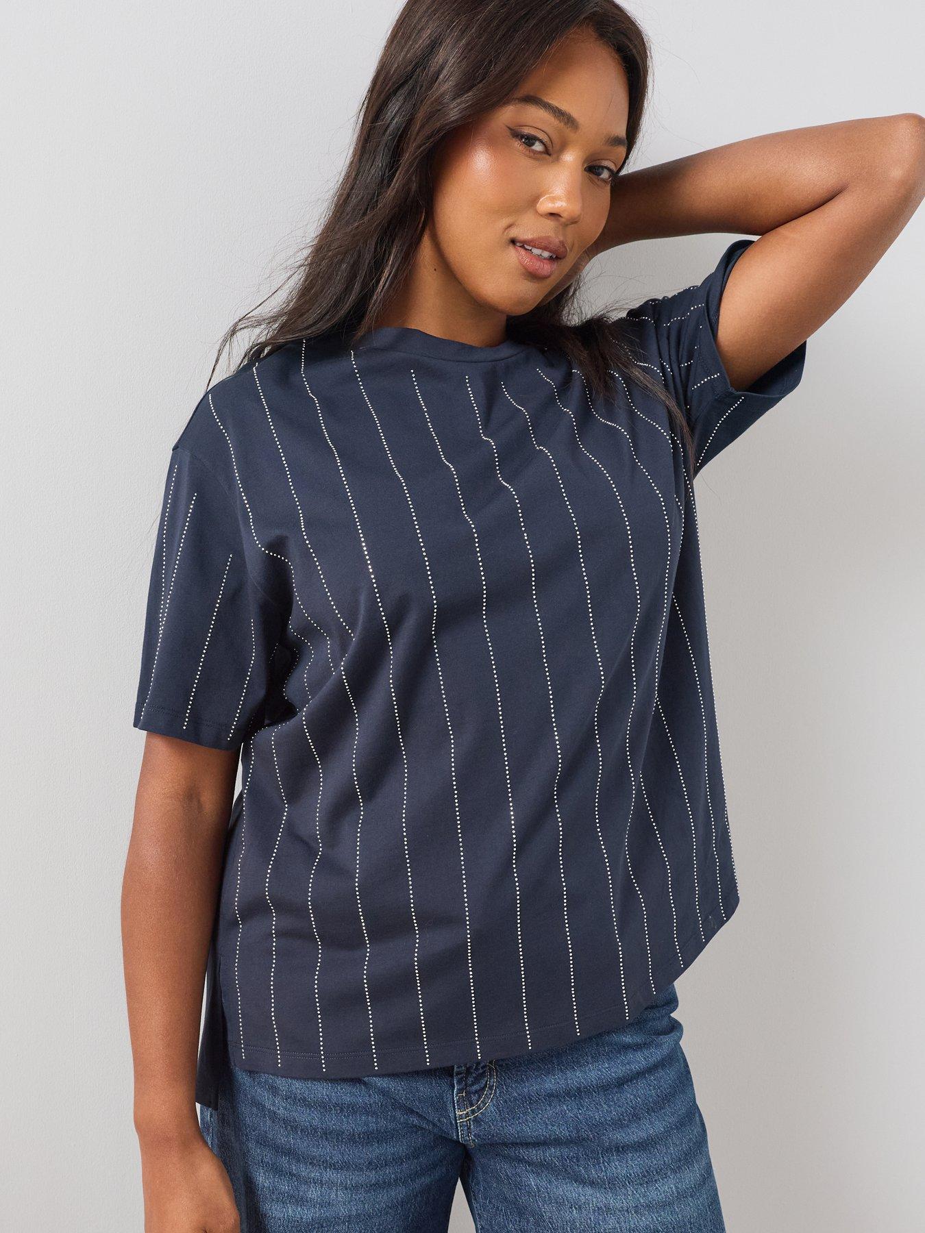 Image 4 of 6 of The Very Collection Curve Diamante Stripe T-Shirt - Navy