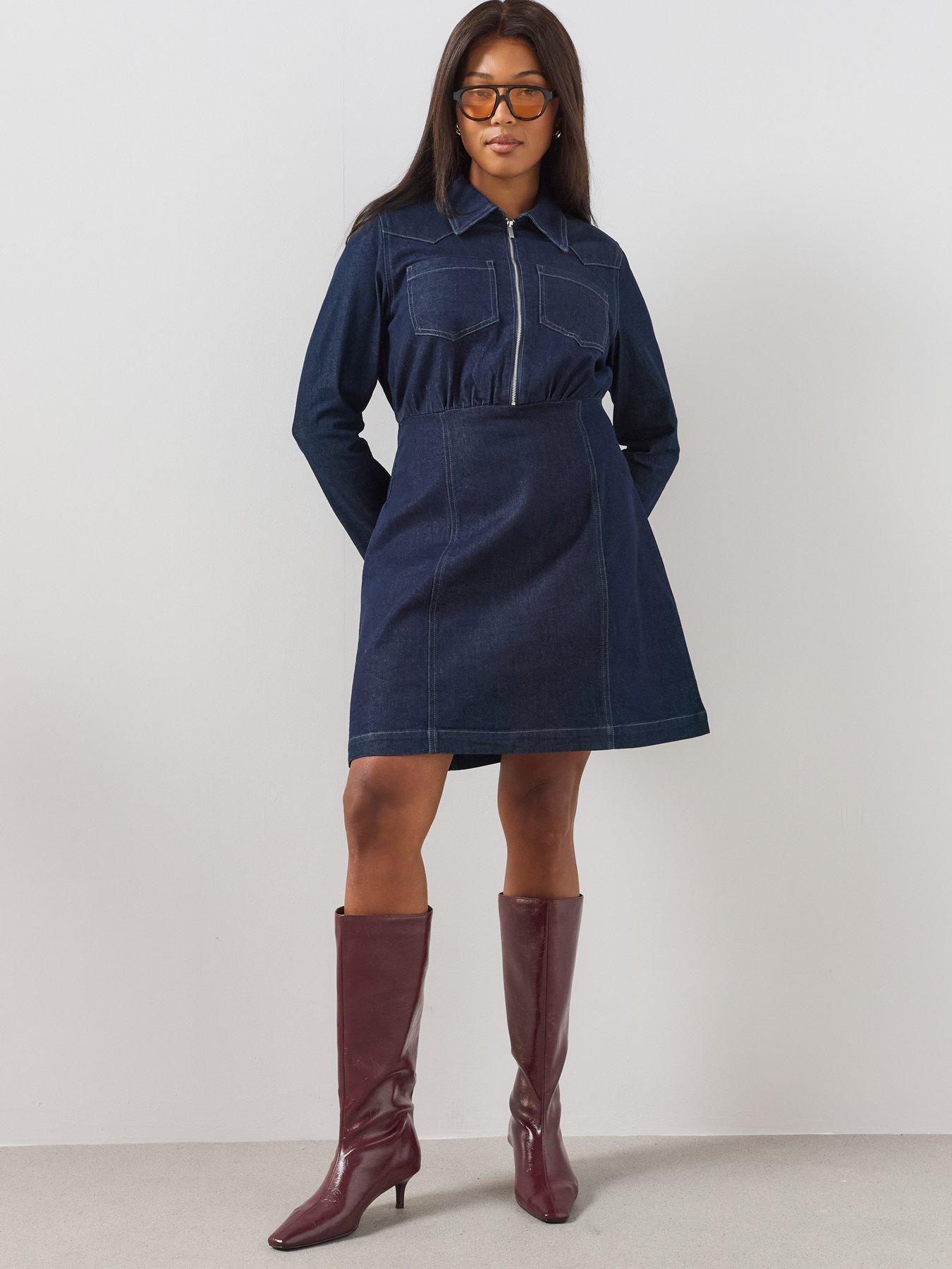 Image 1 of 6 of The Very Collection Curve Zip Denim Mini Dress - Blue