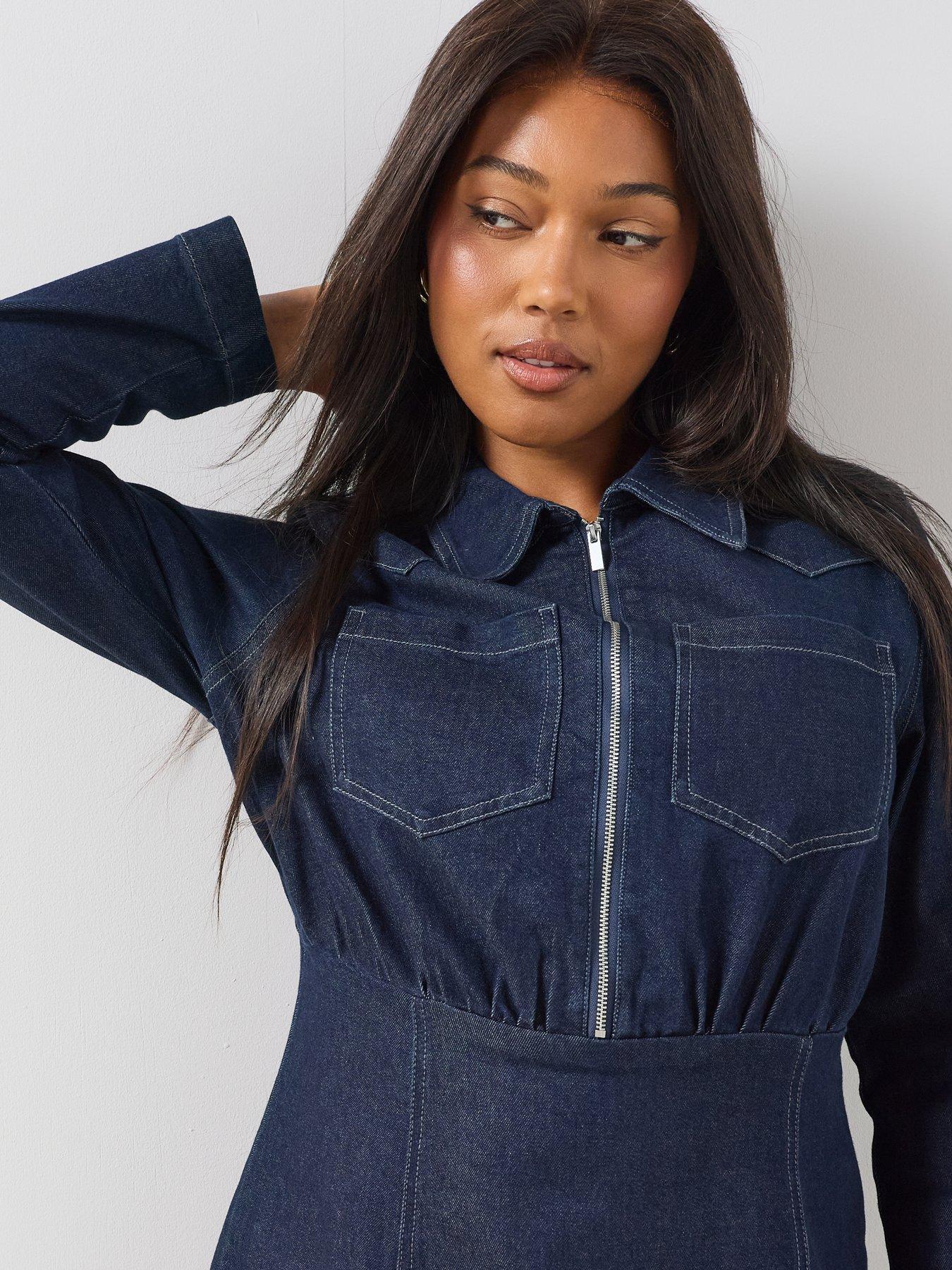 Image 4 of 6 of The Very Collection Curve Zip Denim Mini Dress - Blue