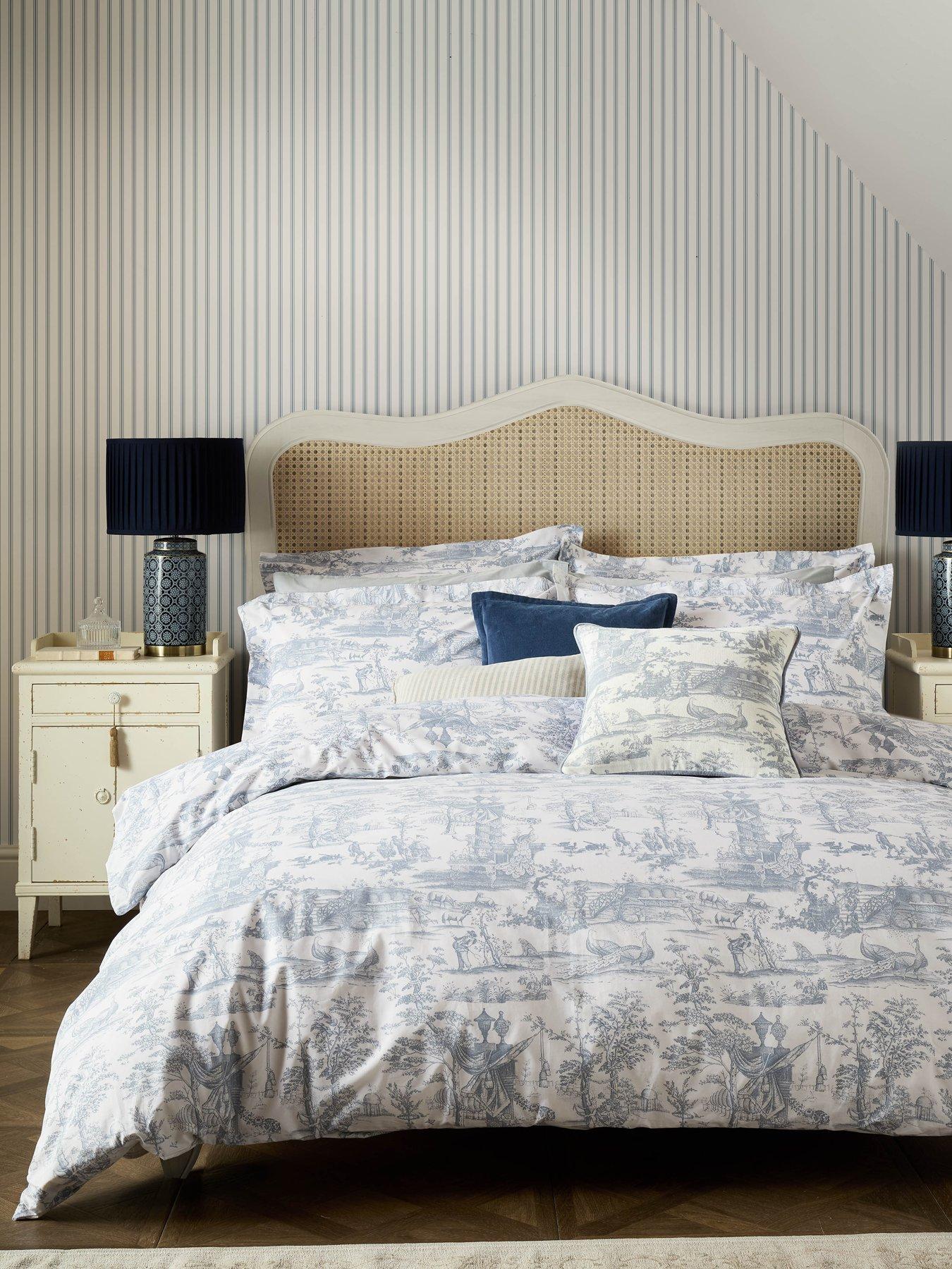 Laura Ashley Braysmith Toile 100% Cotton Oxford Pillowcase Pair 50x75cm Chambray Blue