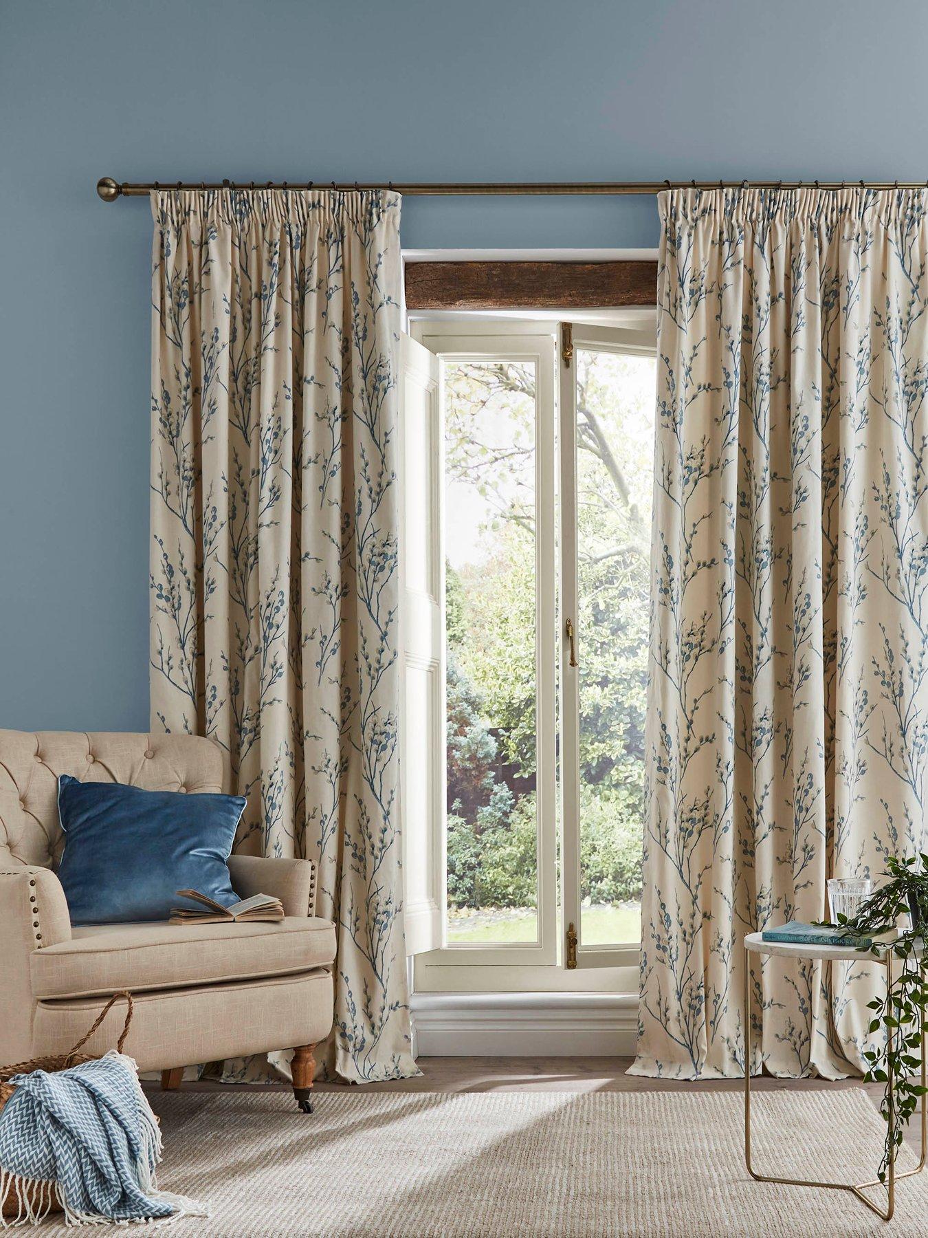 Image 1 of 1 of Laura Ashley Pussy Willow Lined Header Tape Curtains Off White-Seaspray