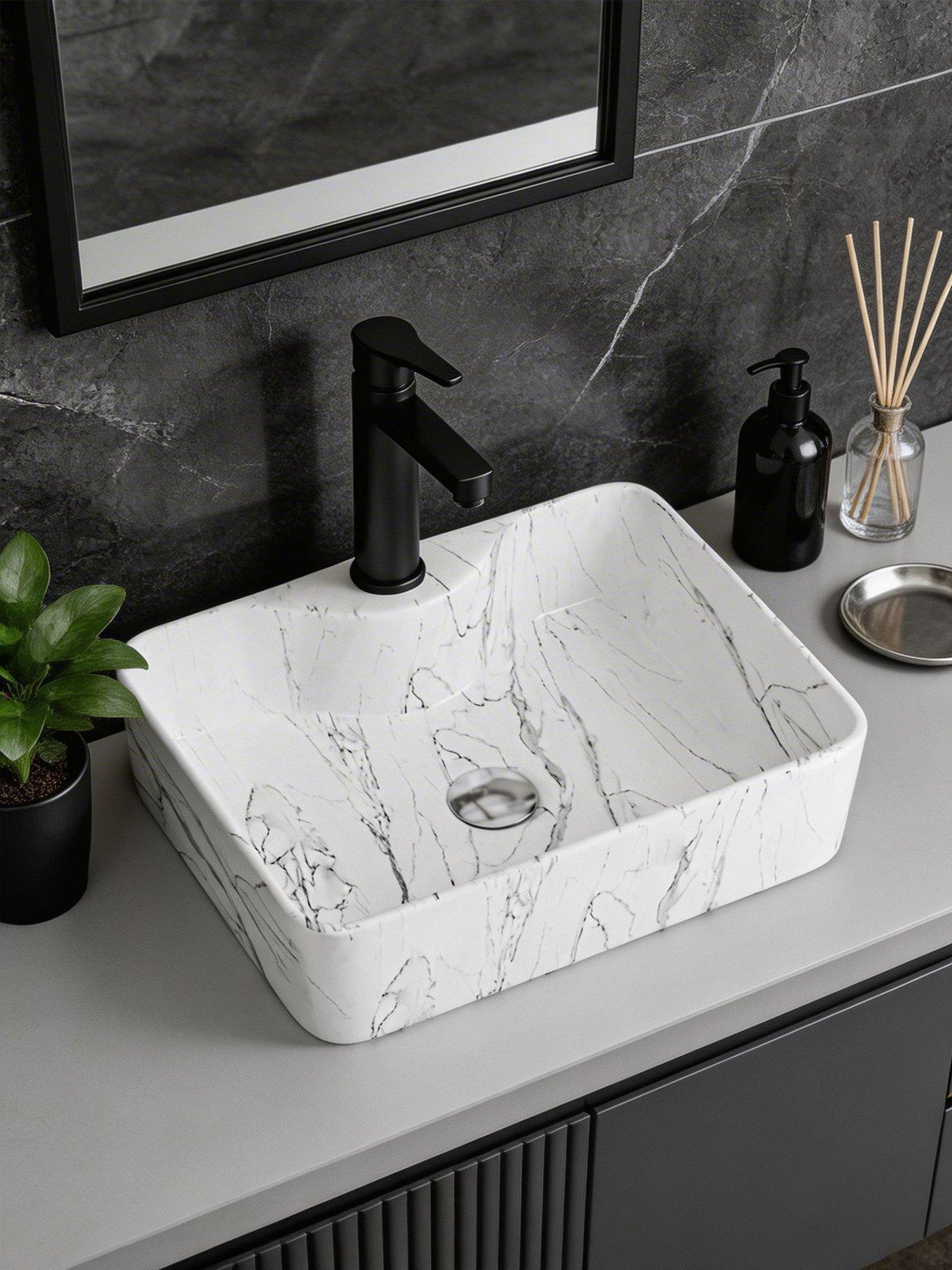 Image 1 of 7 of Living and Home Rectangular White Ceramic Marble Effect Texture Countertop Basin Bathroom Sink W 480mm X D 370mm