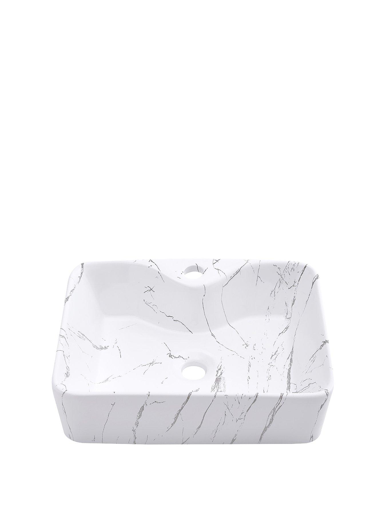 Image 2 of 7 of Living and Home Rectangular White Ceramic Marble Effect Texture Countertop Basin Bathroom Sink W 480mm X D 370mm