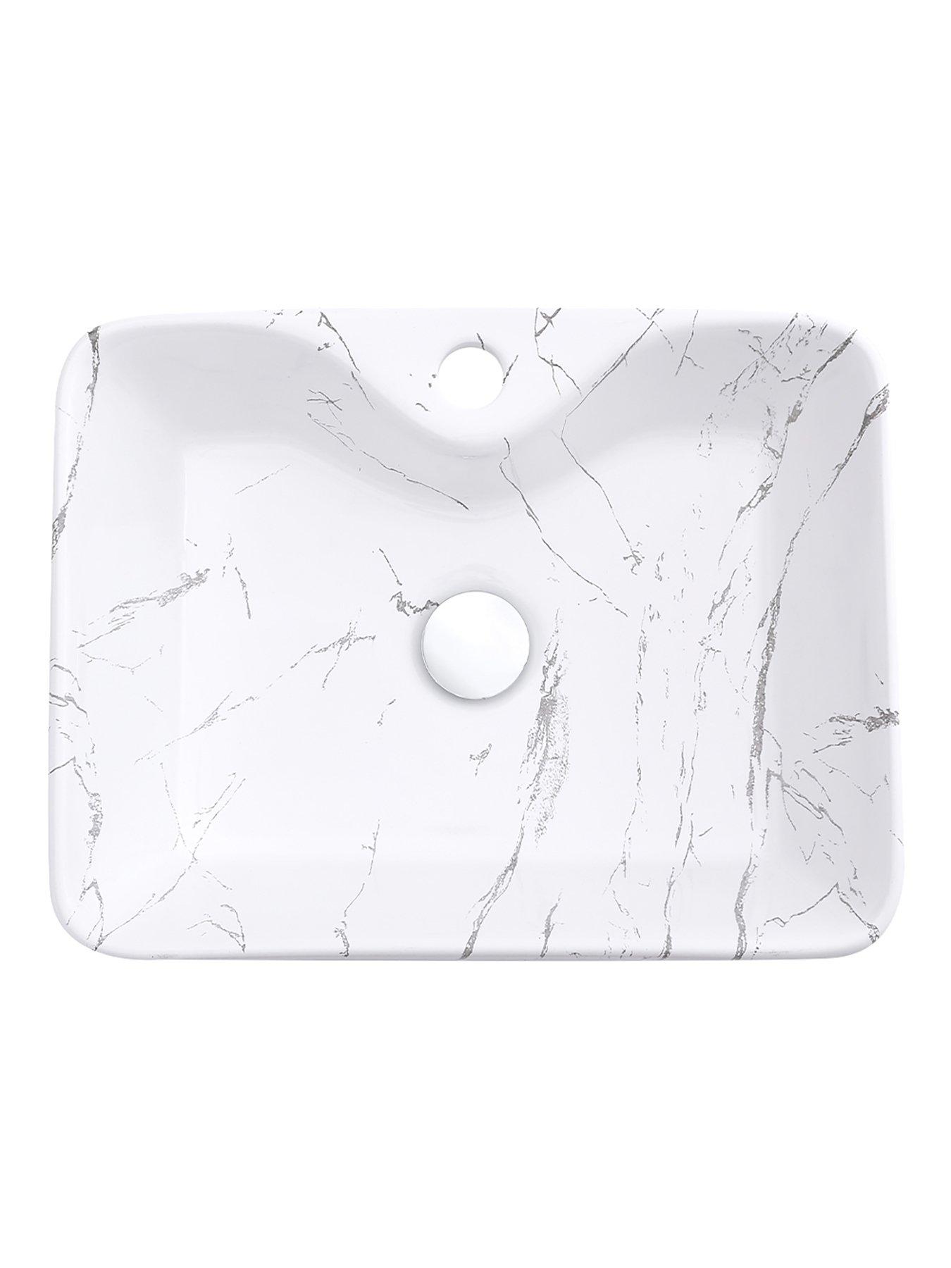 Image 3 of 7 of Living and Home Rectangular White Ceramic Marble Effect Texture Countertop Basin Bathroom Sink W 480mm X D 370mm