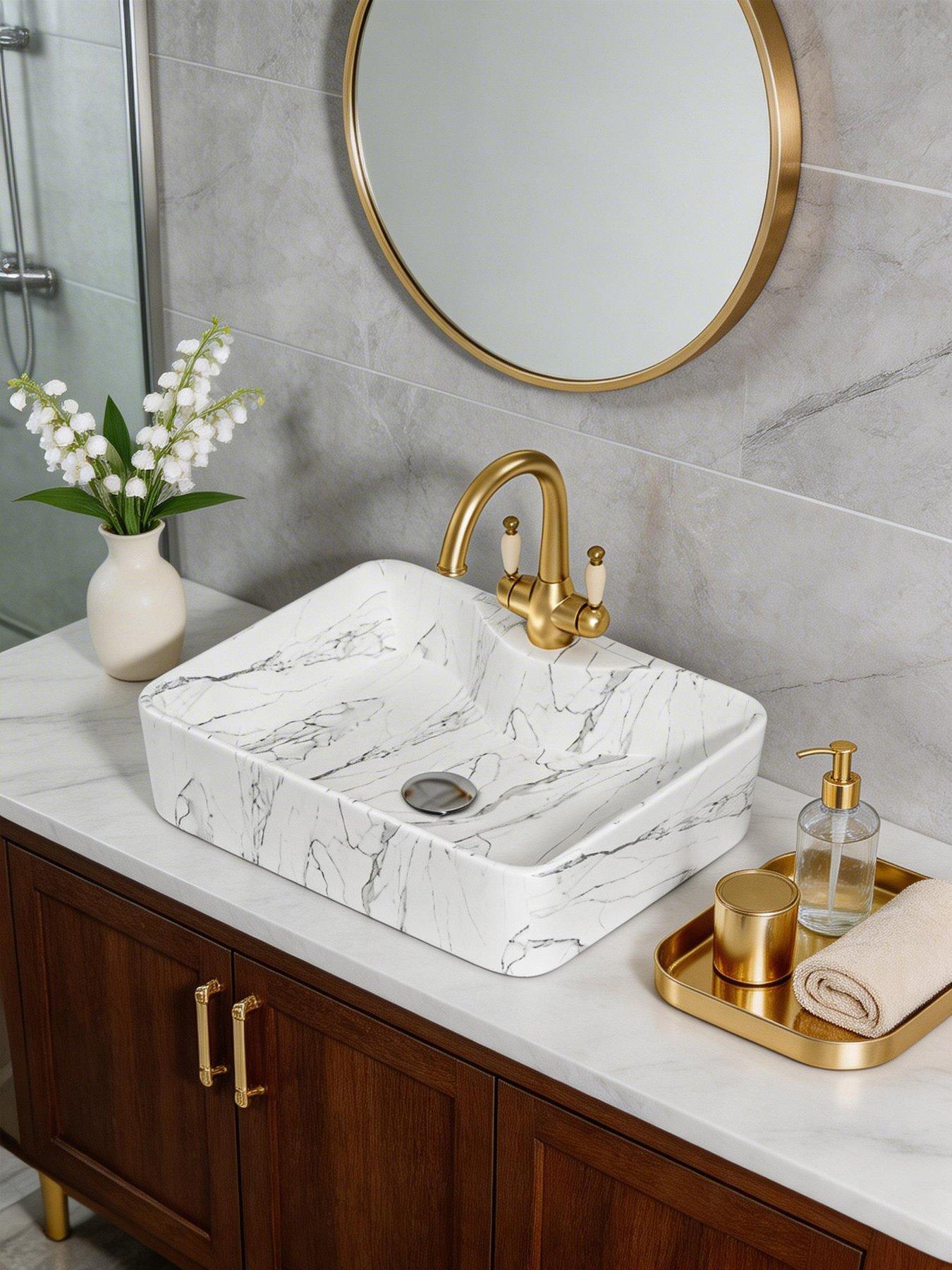 Image 5 of 7 of Living and Home Rectangular White Ceramic Marble Effect Texture Countertop Basin Bathroom Sink W 480mm X D 370mm