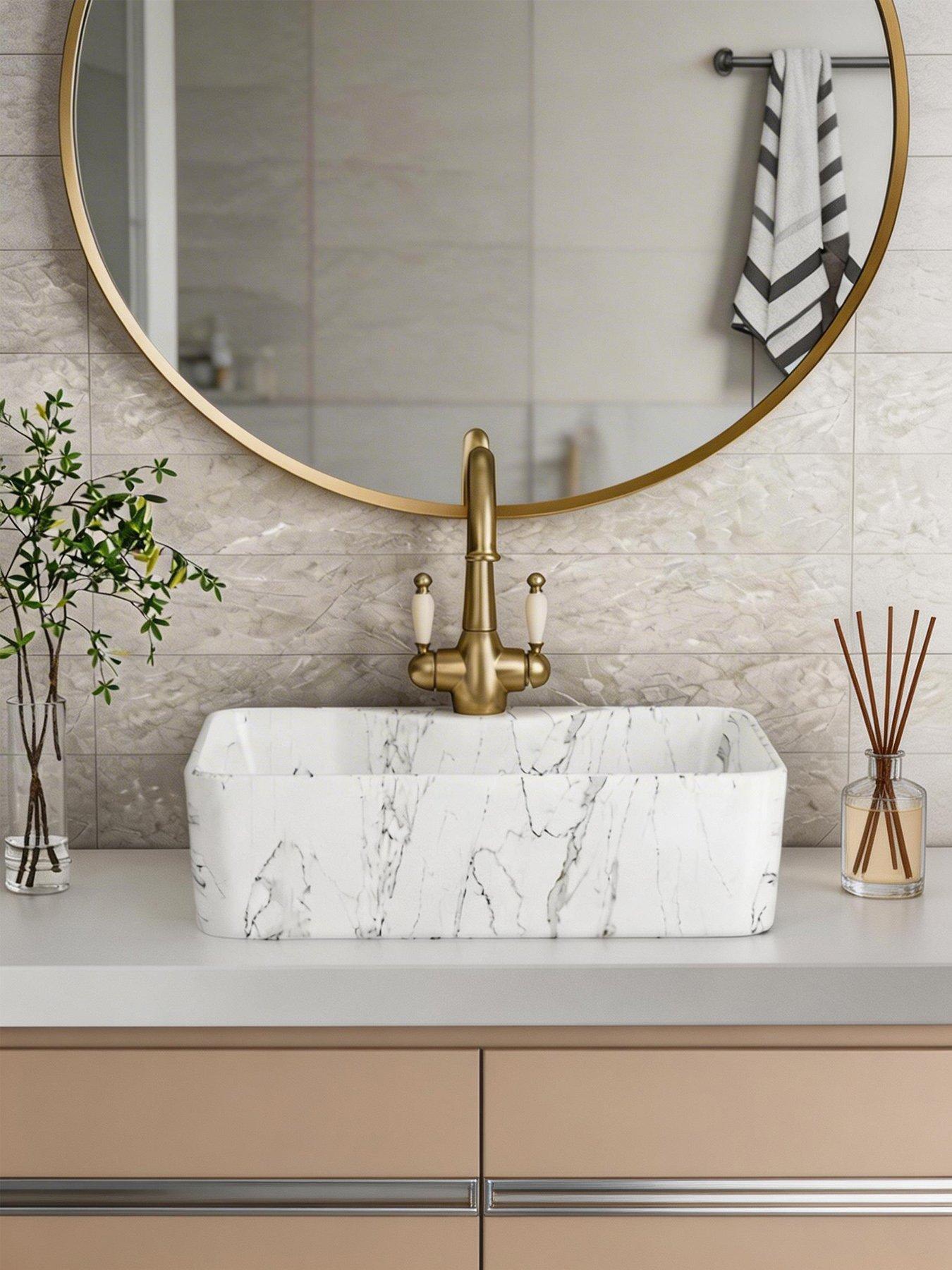 Image 6 of 7 of Living and Home Rectangular White Ceramic Marble Effect Texture Countertop Basin Bathroom Sink W 480mm X D 370mm