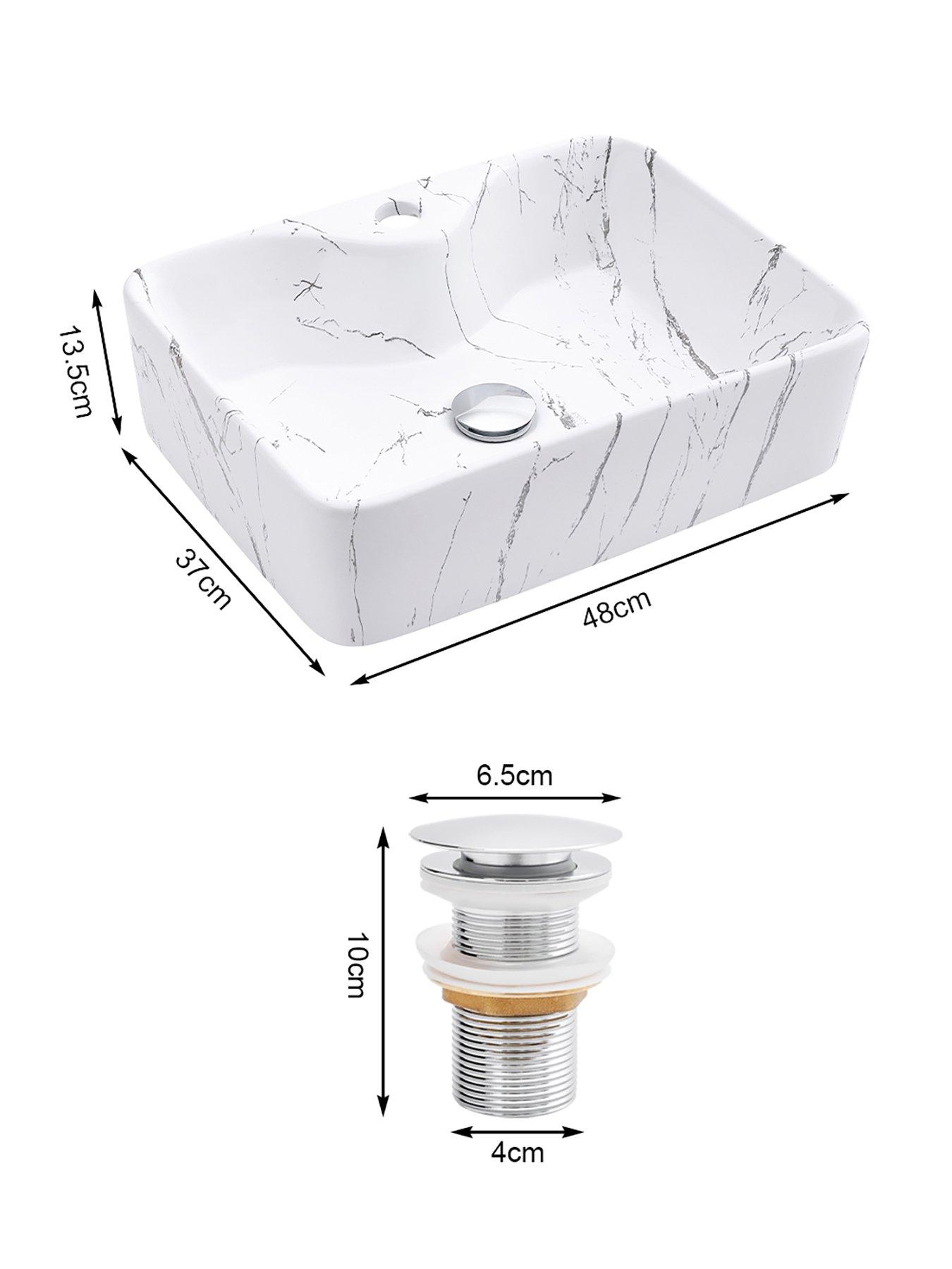 Image 7 of 7 of Living and Home Rectangular White Ceramic Marble Effect Texture Countertop Basin Bathroom Sink W 480mm X D 370mm