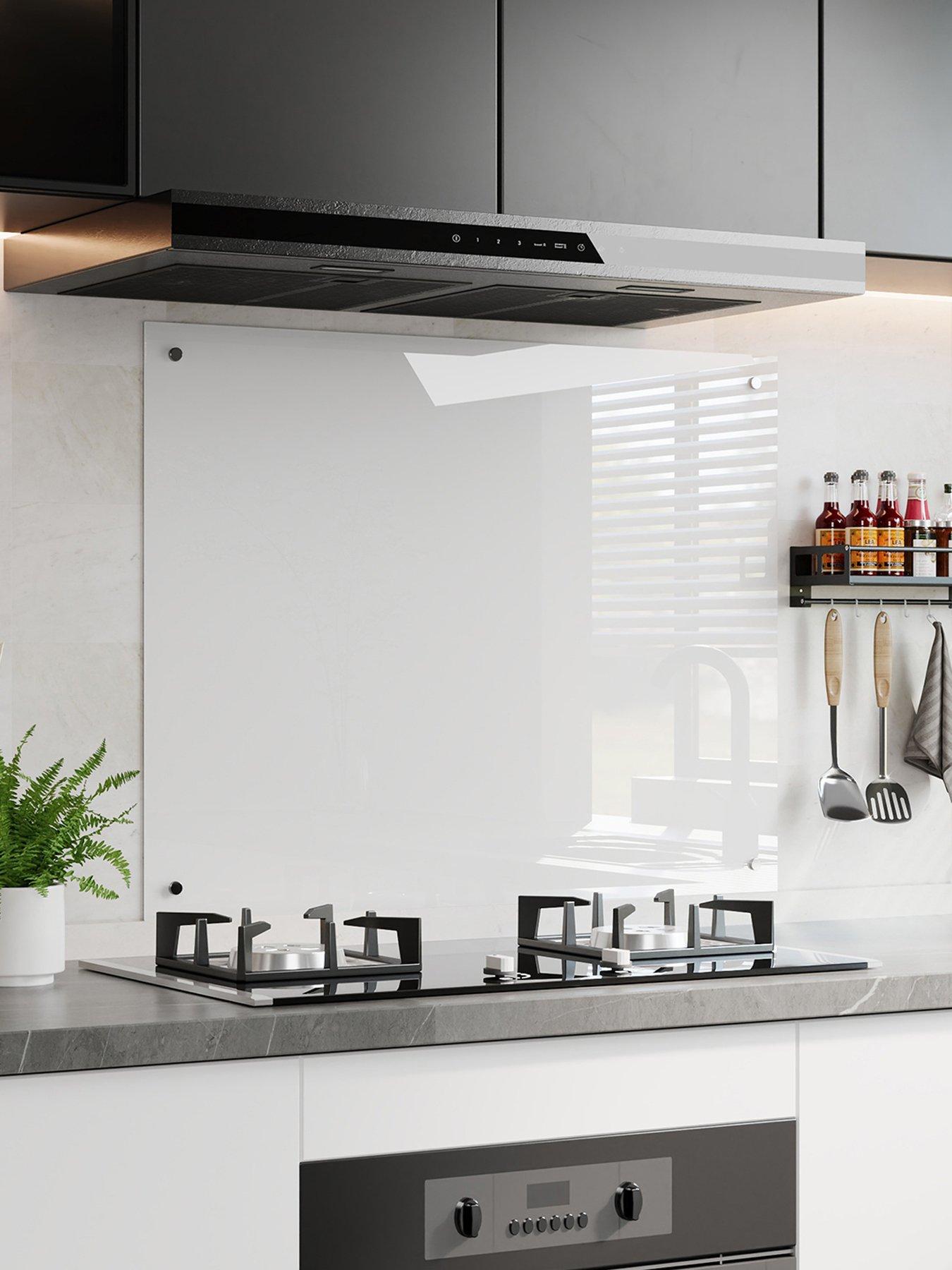 Living and Home White Pre-drilled Tempered Glass Splashback For Cookers, 90cm W X 70cm D