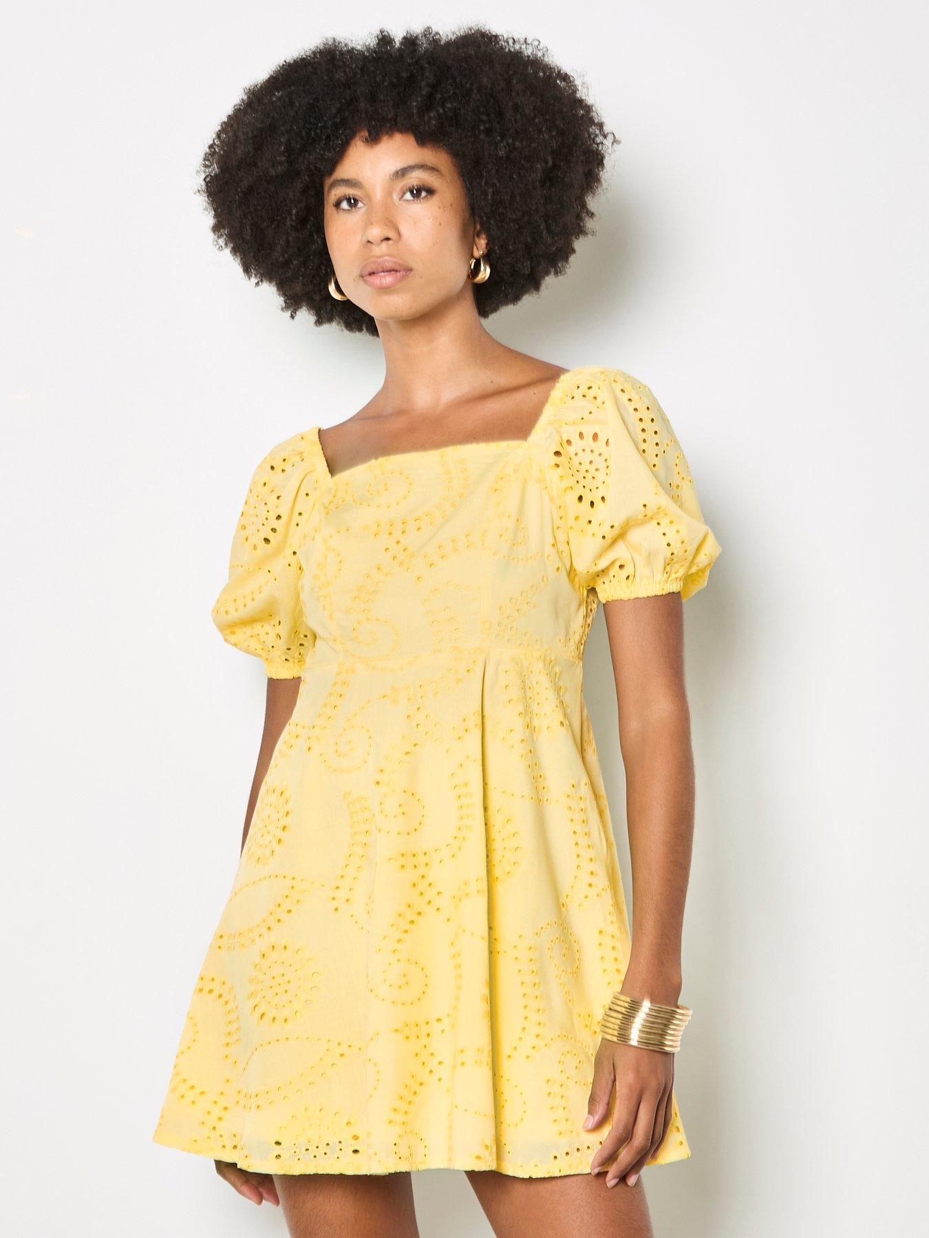 Image 1 of 4 of Apricot Square Neck Broderie Puff Sleeve Dress With Tie Back