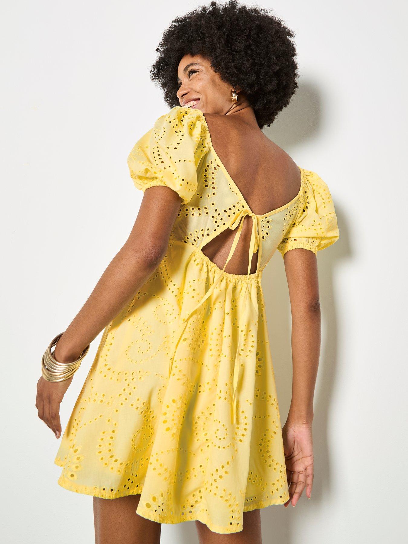 Image 2 of 4 of Apricot Square Neck Broderie Puff Sleeve Dress With Tie Back