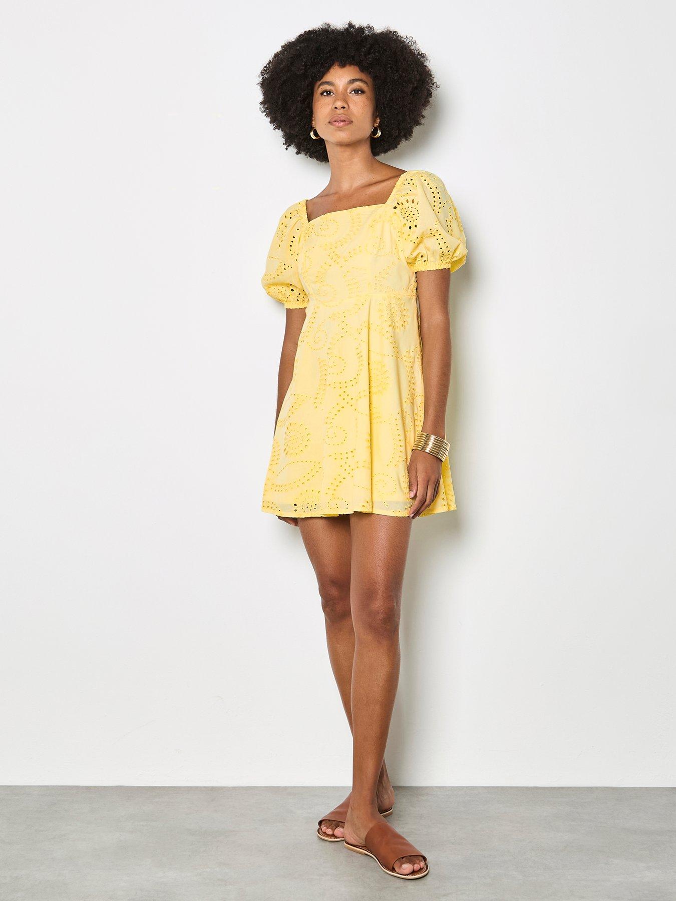 Image 3 of 4 of Apricot Square Neck Broderie Puff Sleeve Dress With Tie Back