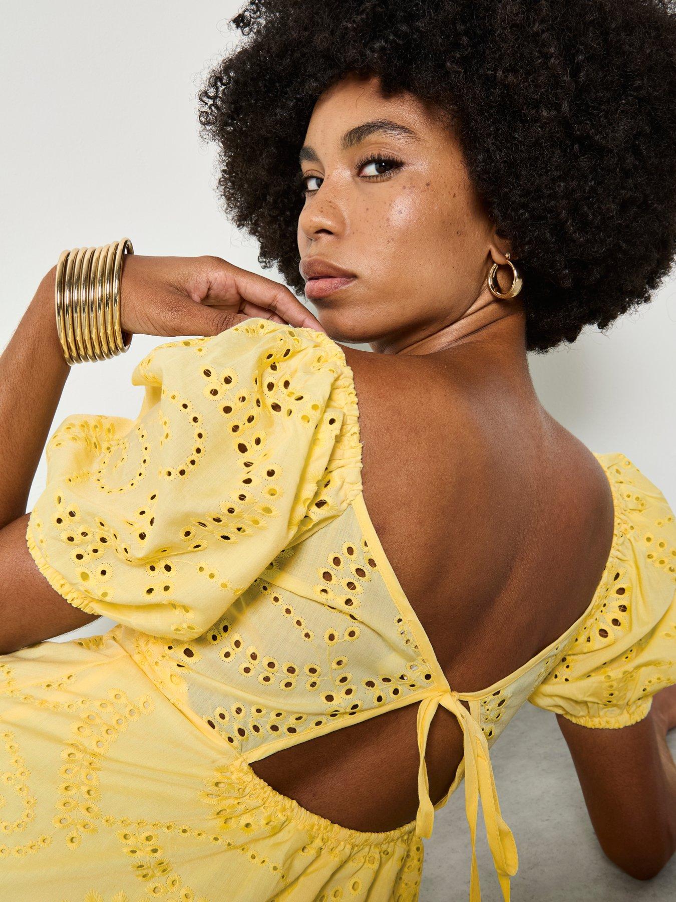 Image 4 of 4 of Apricot Square Neck Broderie Puff Sleeve Dress With Tie Back