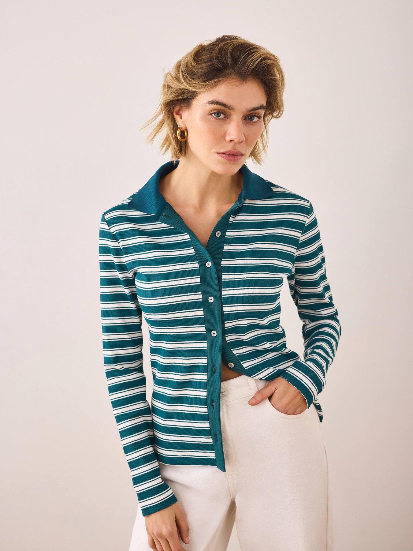  image of mint-velvet-stripe-polo-top-green