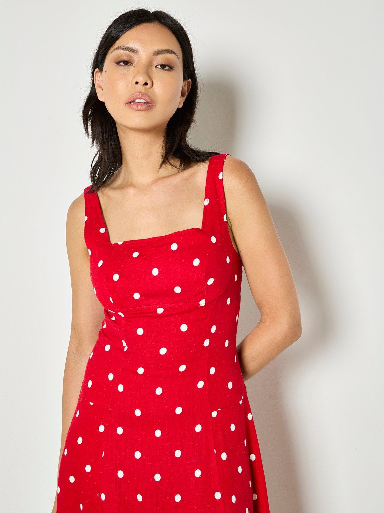Apricot Polkadot Square Neck Midi Dress - Red