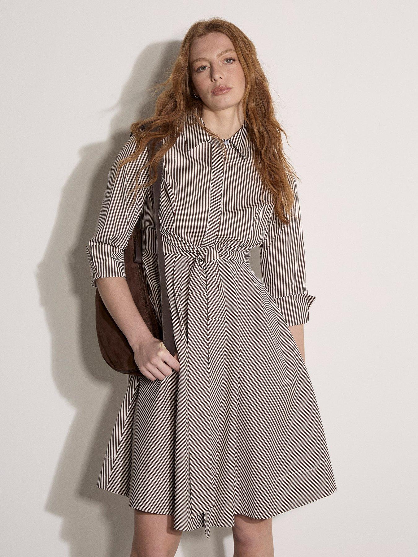 Apricot Tie Front Stripe Cotton Shirt Dress- Brown