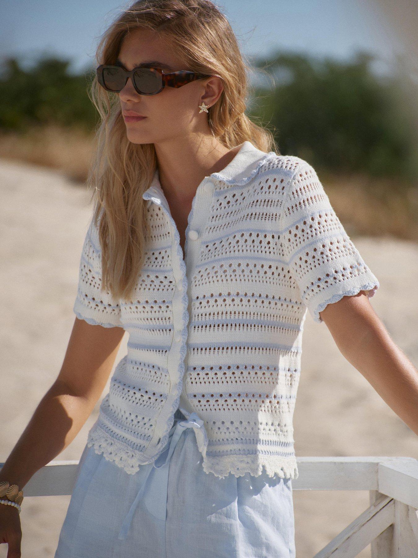  image of mint-velvet-blue-tipped-pointelle-top