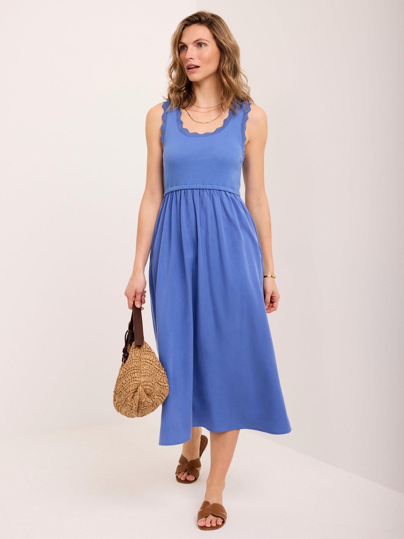 Image 3 of 6 of Mint Velvet Scallop Detail Woven Mix Dress - Blue