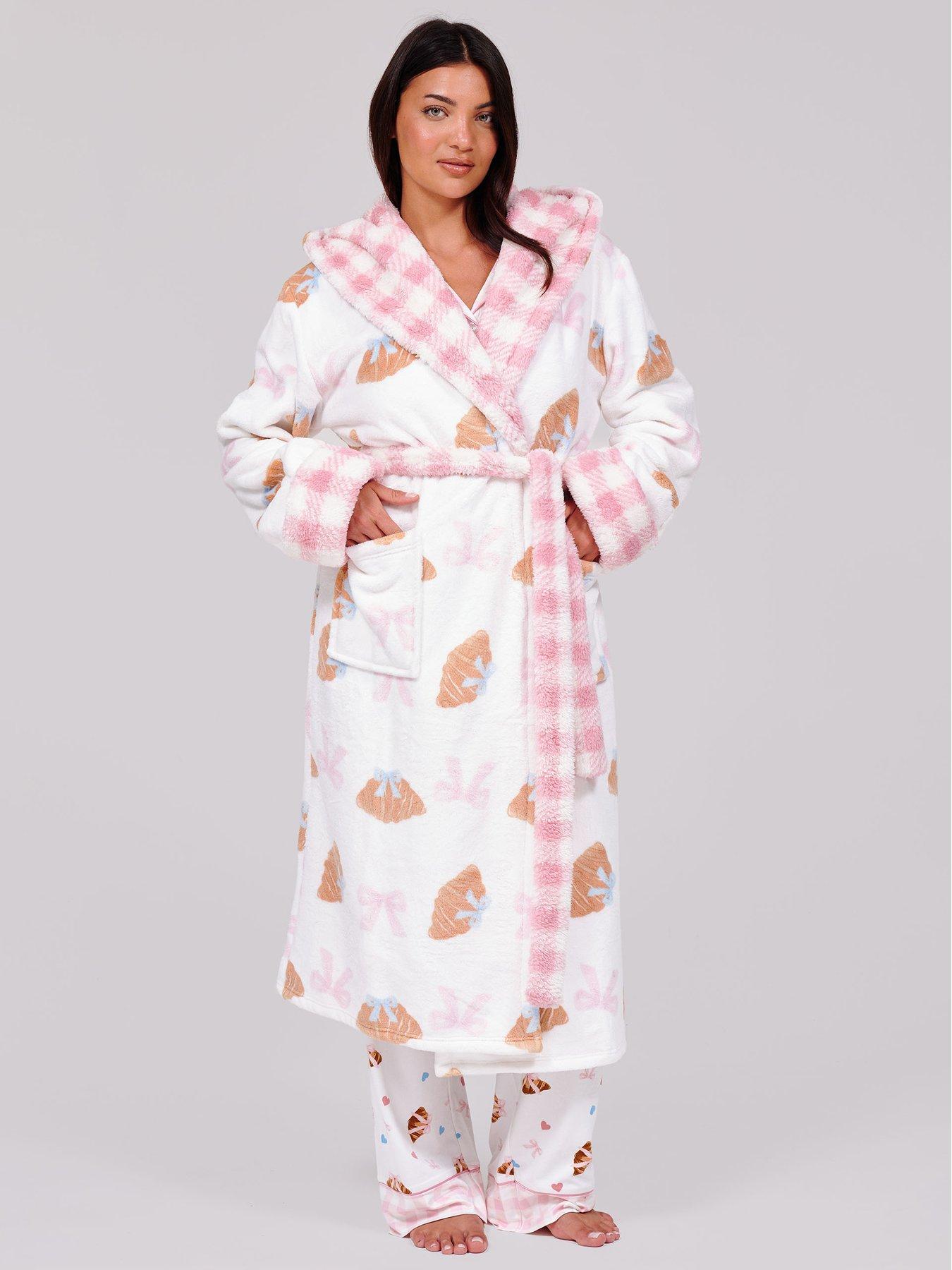 Loungeable Bow Croissant  &  Gingham Hooded Midi Robe - Multi