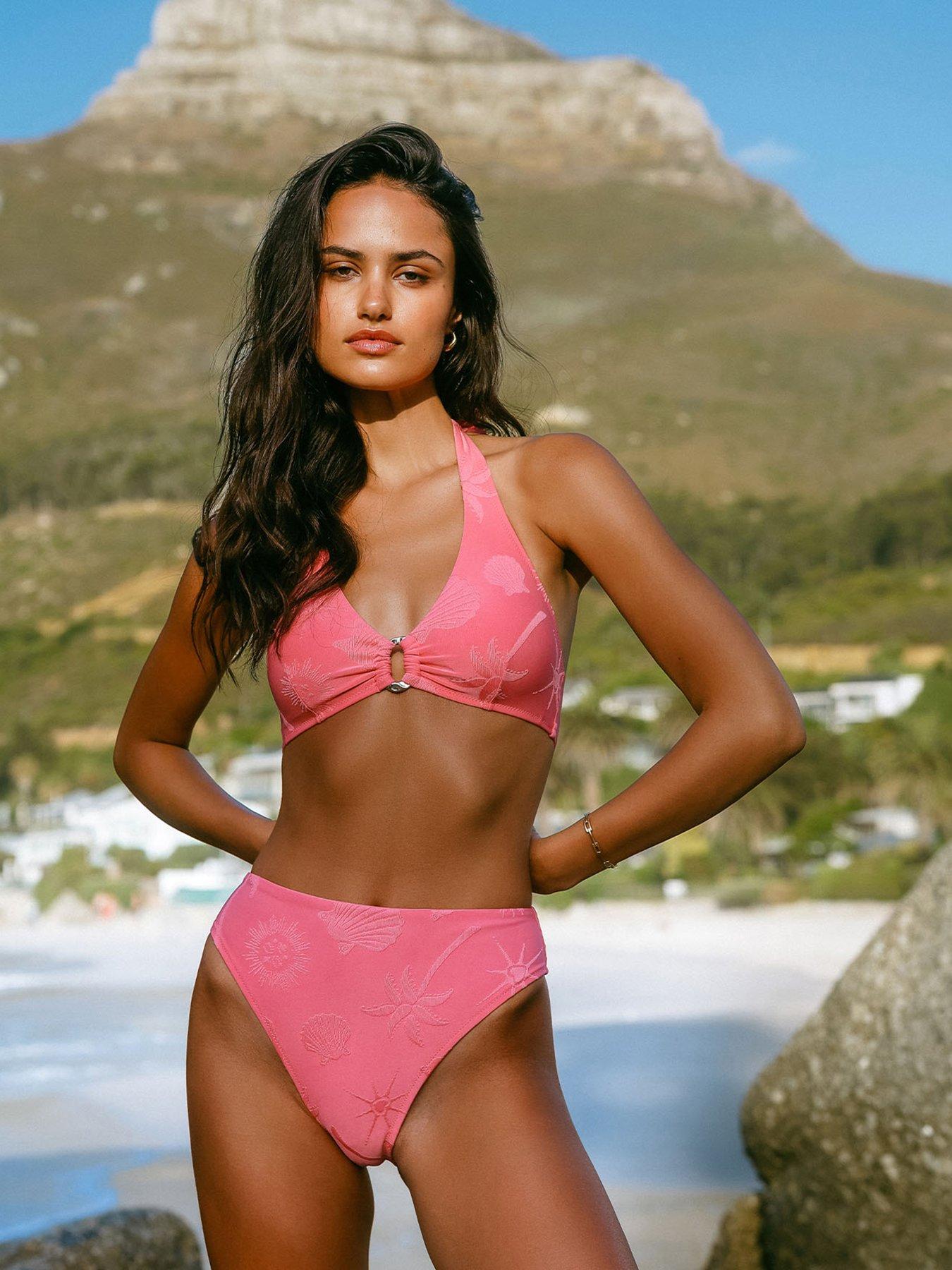 Image 3 of 6 of CHELSEA PEERS Jacquard Coastal High Waist Bikini Bottoms - Coral Pink - Pink