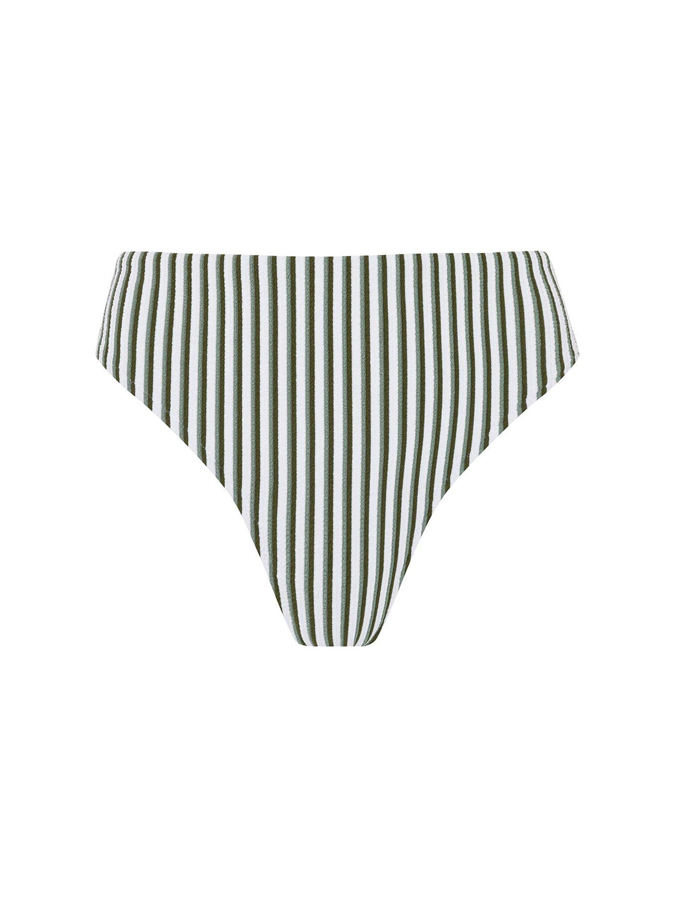Image 5 of 6 of CHELSEA PEERS Crinkle Stripe High Waist Bikini Bottoms - Green - Green