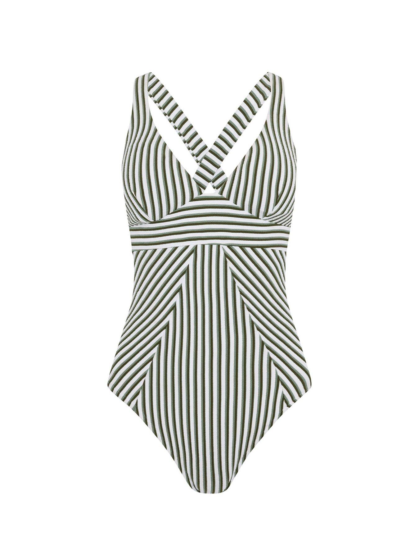 Image 5 of 6 of CHELSEA PEERS Crinkle Stripe Cross Back Swimsuit - Green - Green