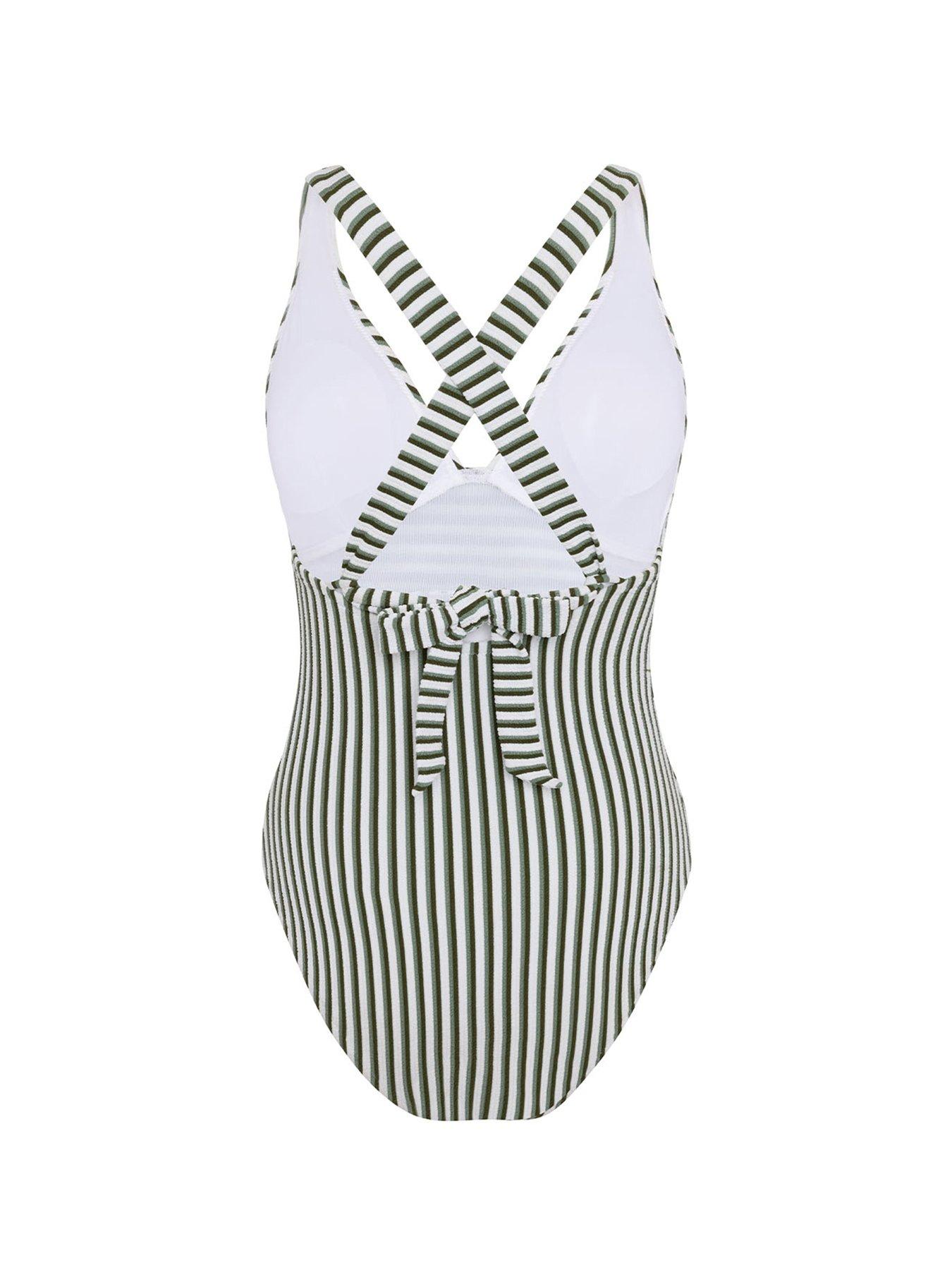 Image 6 of 6 of CHELSEA PEERS Crinkle Stripe Cross Back Swimsuit - Green - Green