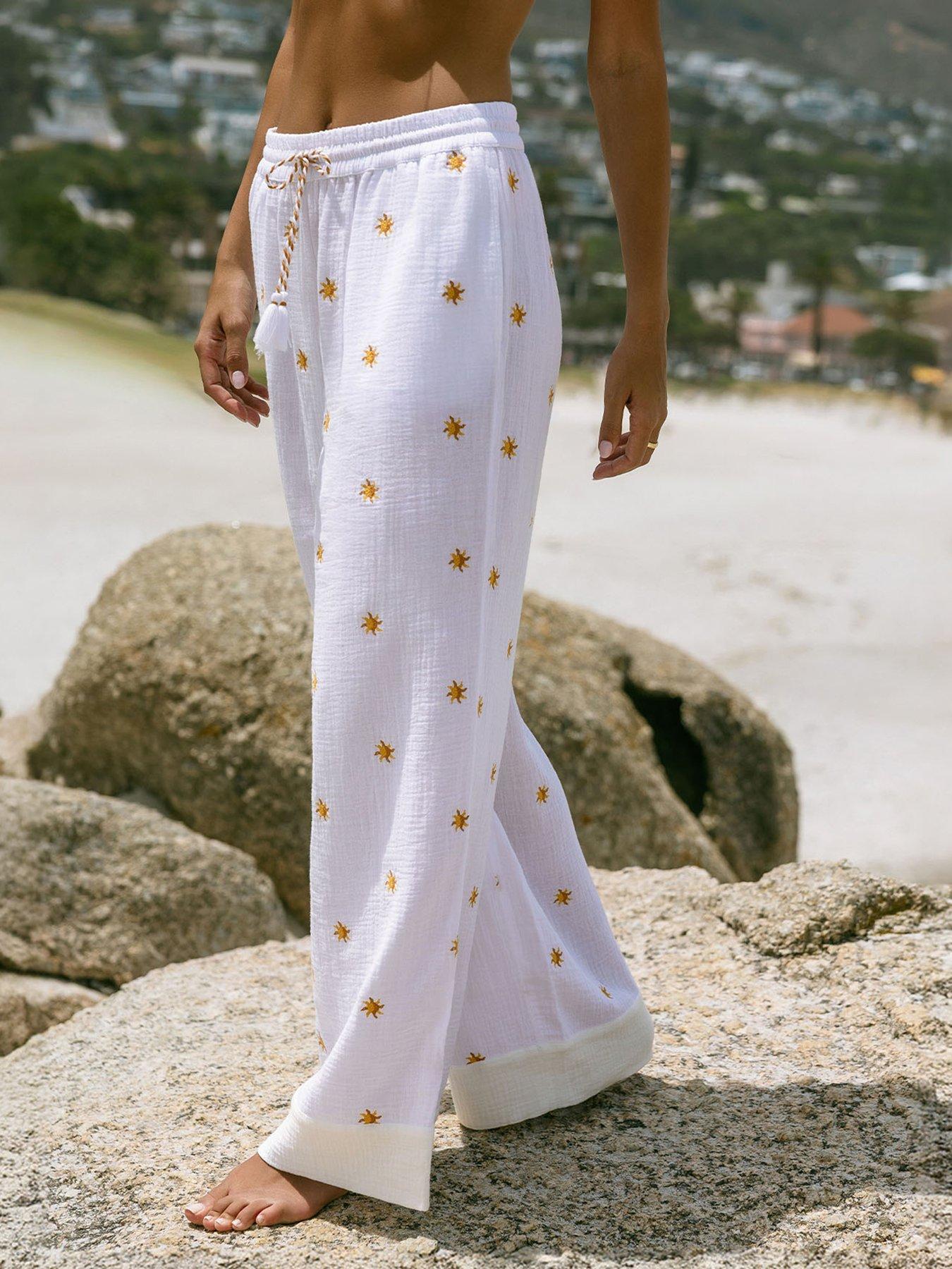 CHELSEA PEERS Cotton Cheesecloth Embroidered Sunburst Trousers - White