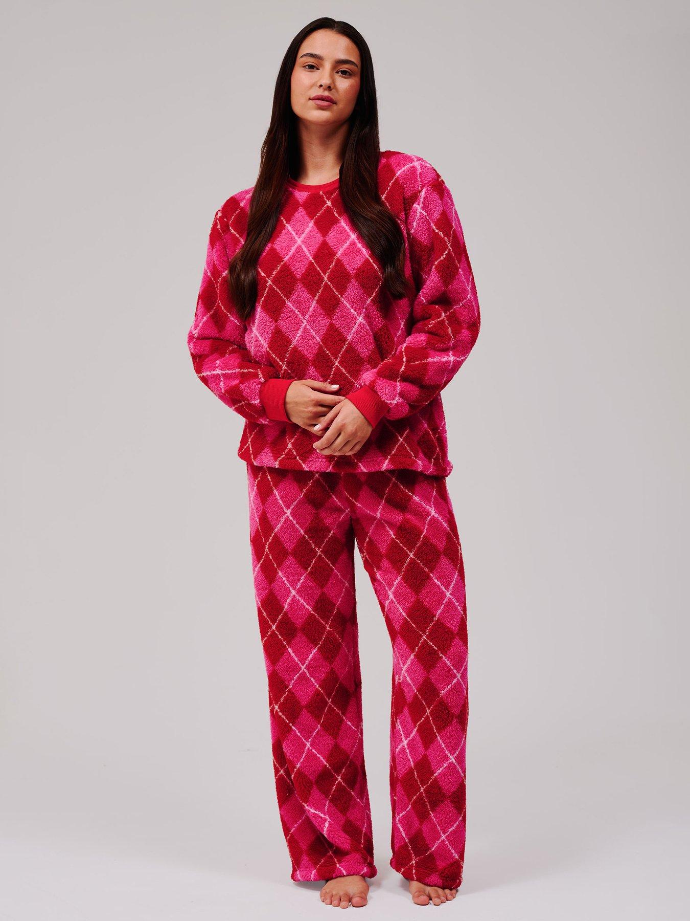 Loungeable Argyle Sherpa Round Neck Top  &  Wide Leg Twosie Lounge Set - Pink