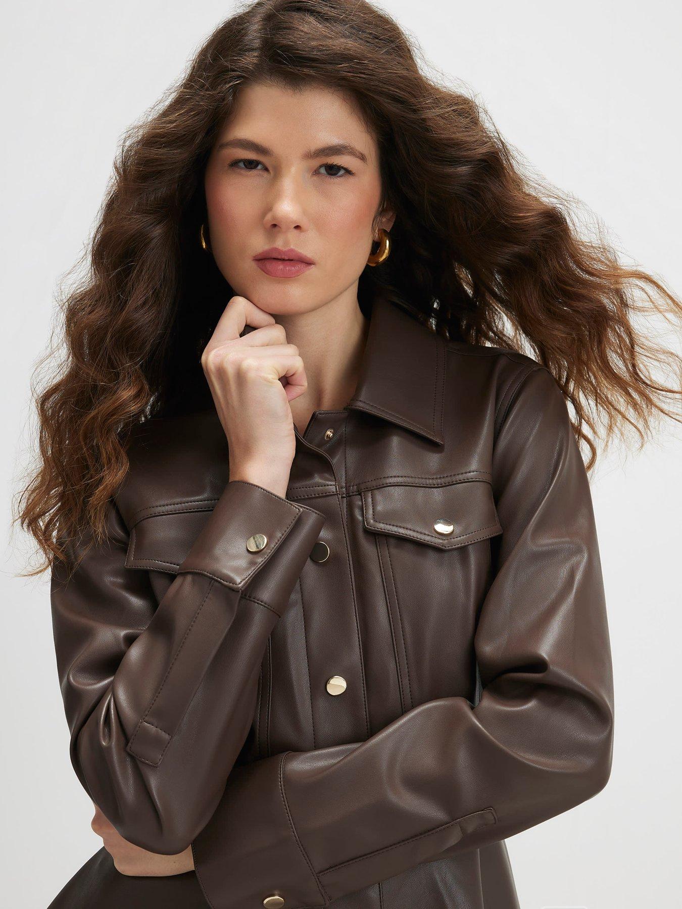 Image 4 of 6 of River Island Womens Faux Leather-Look Skater Skirt Dress - Brown