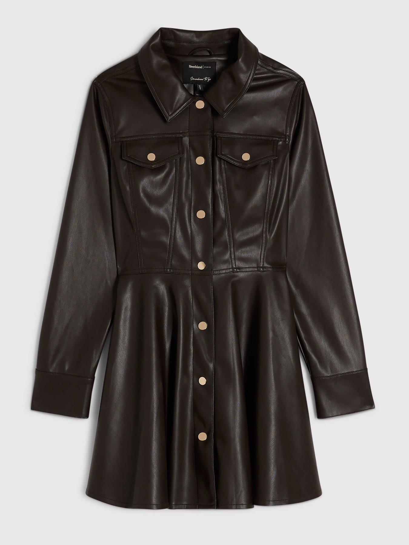 Image 5 of 6 of River Island Womens Faux Leather-Look Skater Skirt Dress - Brown
