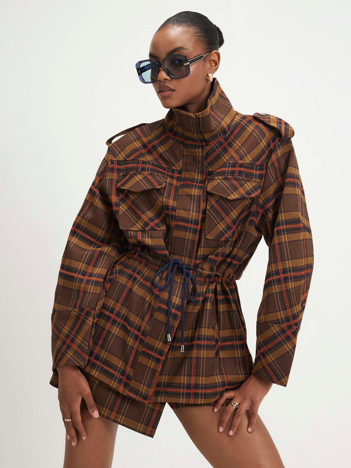 River Island Check Funnel Neck Parka Jacket - Brown