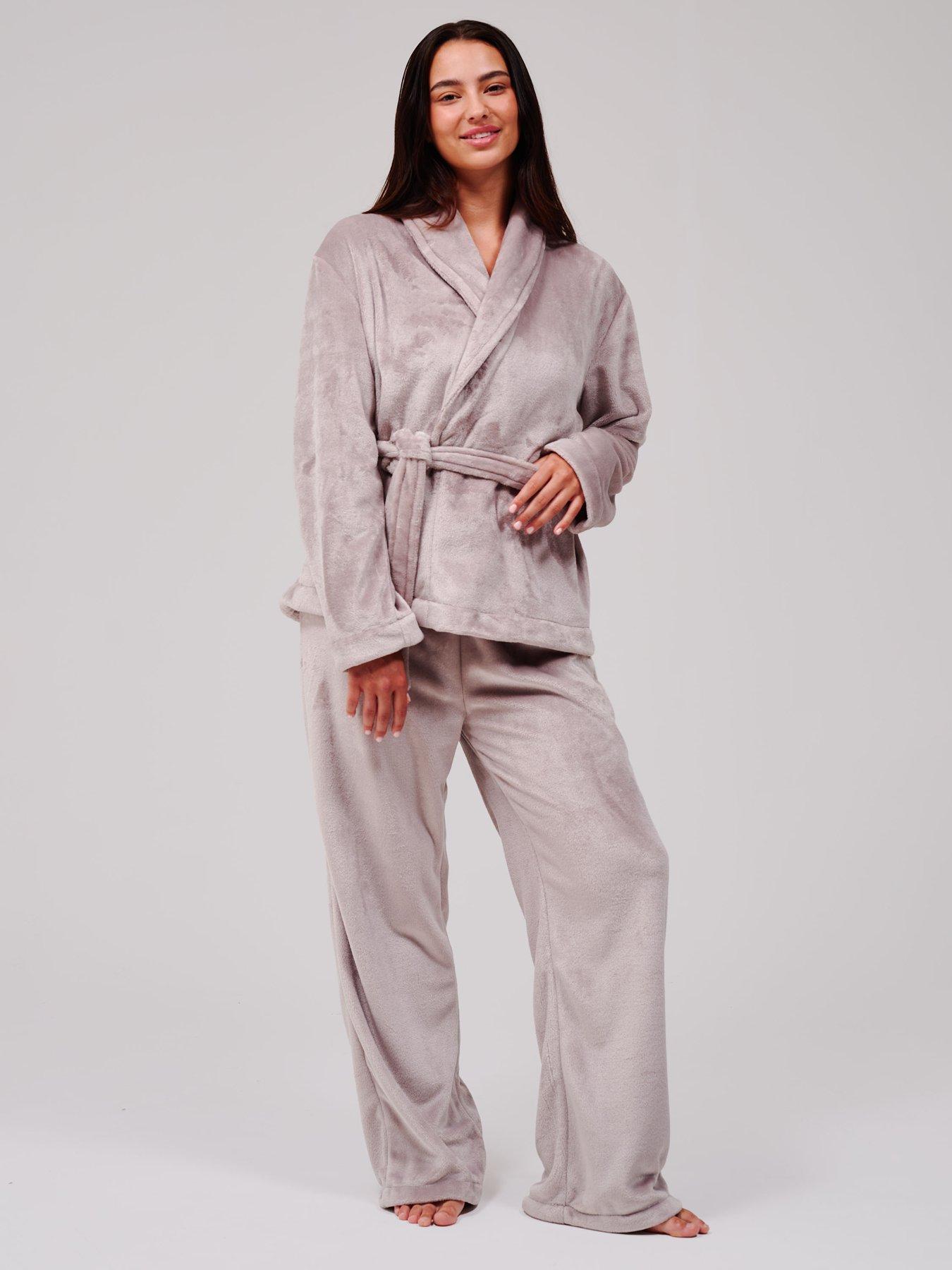 Loungeable Flannel Fleece Shawl Collar Wrap Robe  &  Straight Leg Trousers Lounge Set - Beige