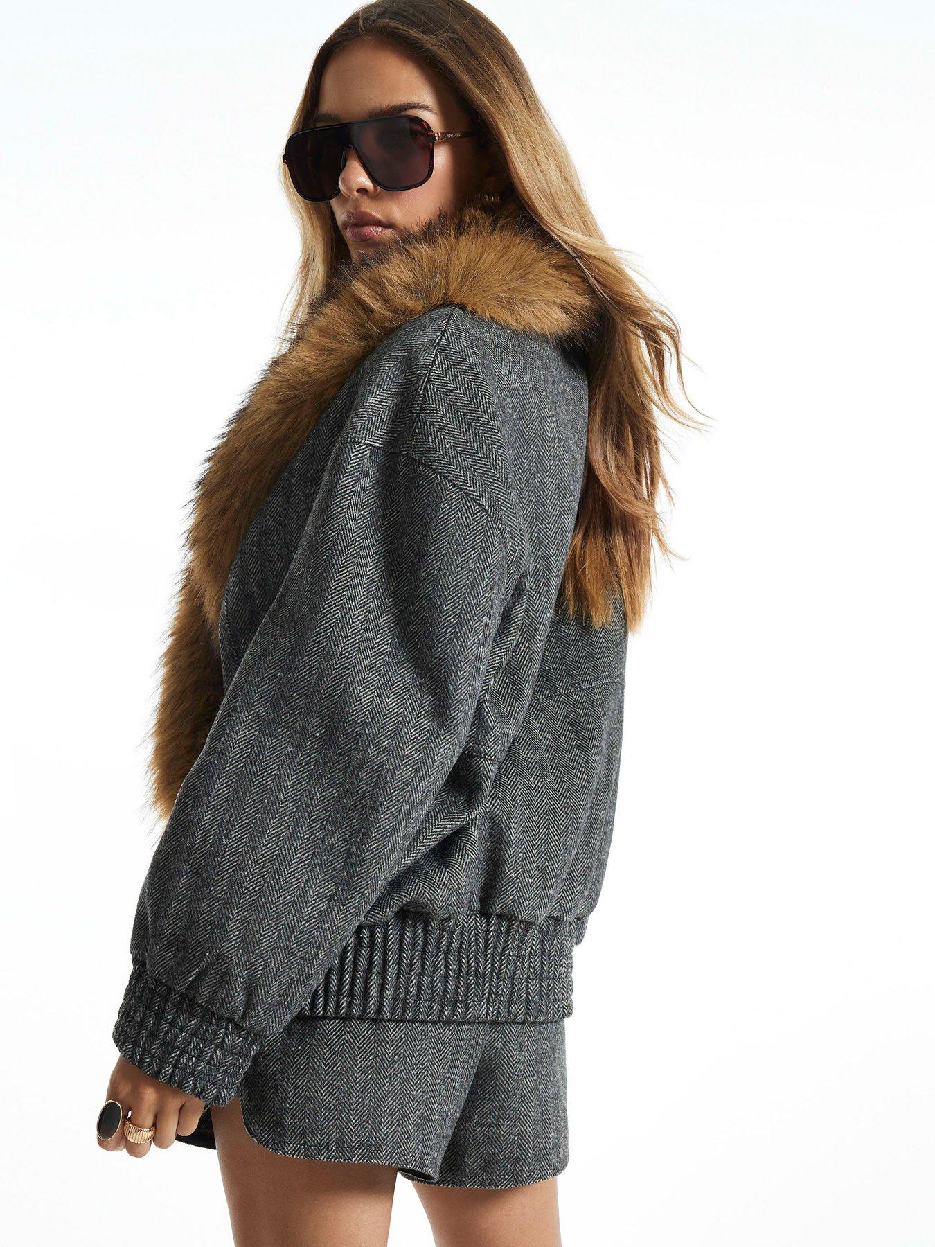 Image 2 of 6 of River Island Fur Collar Herringbone Coat