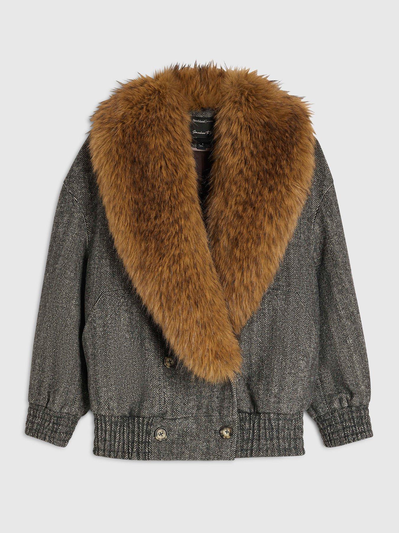 Image 6 of 6 of River Island Fur Collar Herringbone Coat