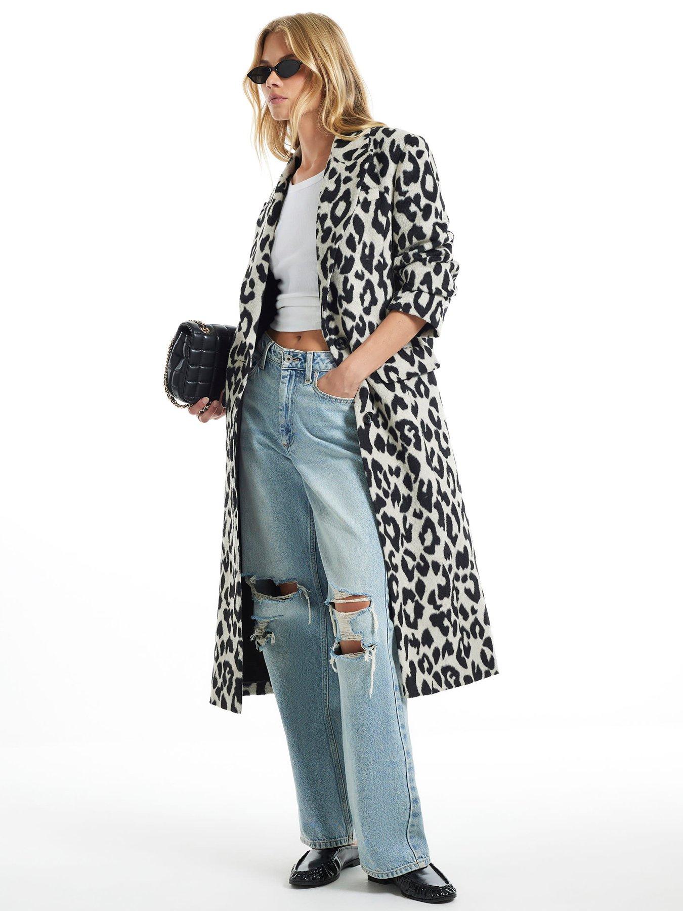 Image 1 of 6 of River Island Womens Leopard Longline Single-Breasted Duster Coat - Brown